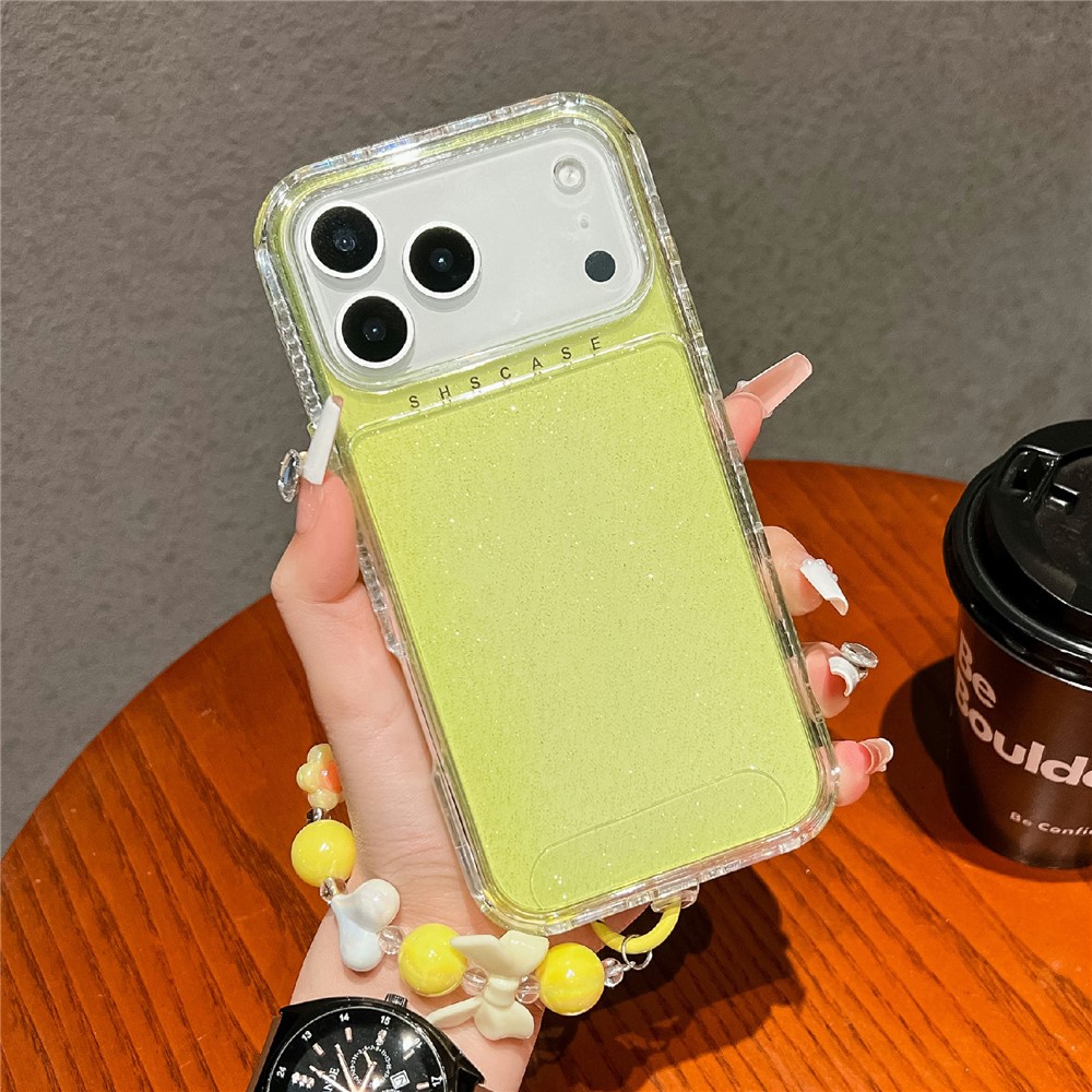 For iPhone 17 Pro Max Case Anti-Drop Glitter Design PC + TPU Phone Cover with Strap - Yellow