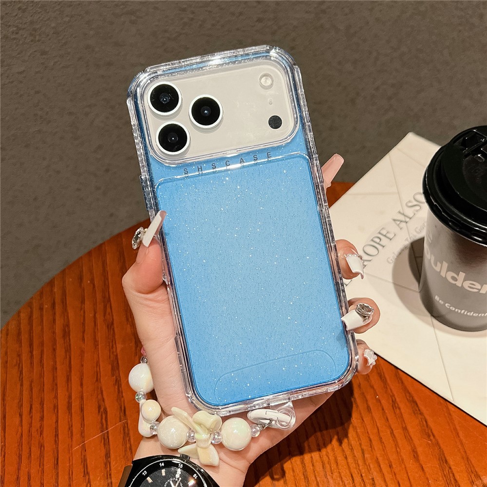 For iPhone 17 Pro Max Case Anti-Drop Glitter Design PC + TPU Phone Cover with Strap - Blue