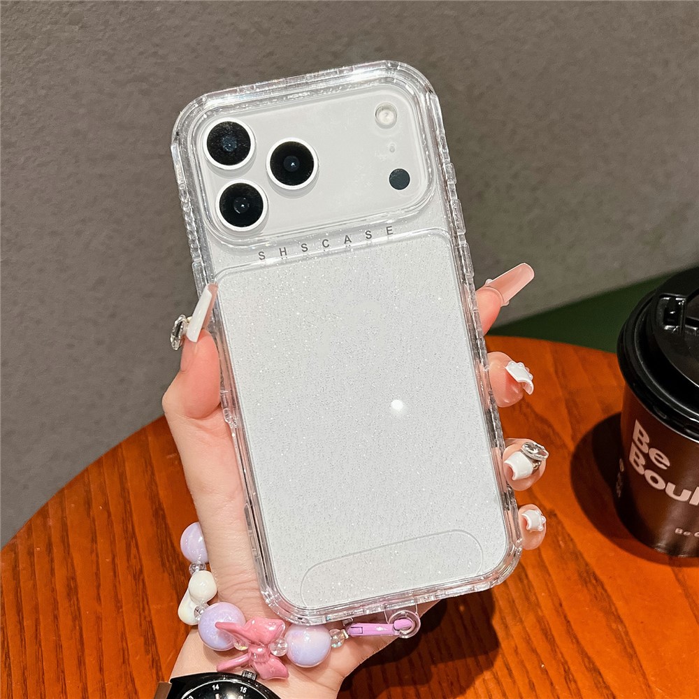For iPhone 17 Pro Max Case Anti-Drop Glitter Design PC + TPU Phone Cover with Strap - Transparent