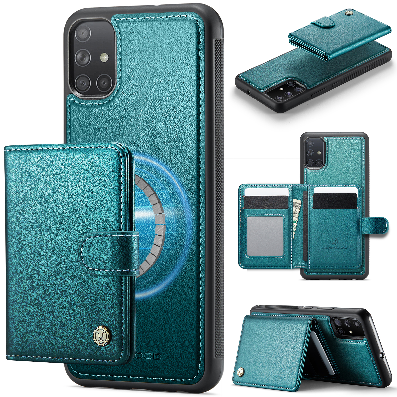 JEEHOOD For Samsung Galaxy A51 4G SM-A515 Case  J09 RFID Blocking Card Holder Leather Back Phone Cover Magnetic Case - Green