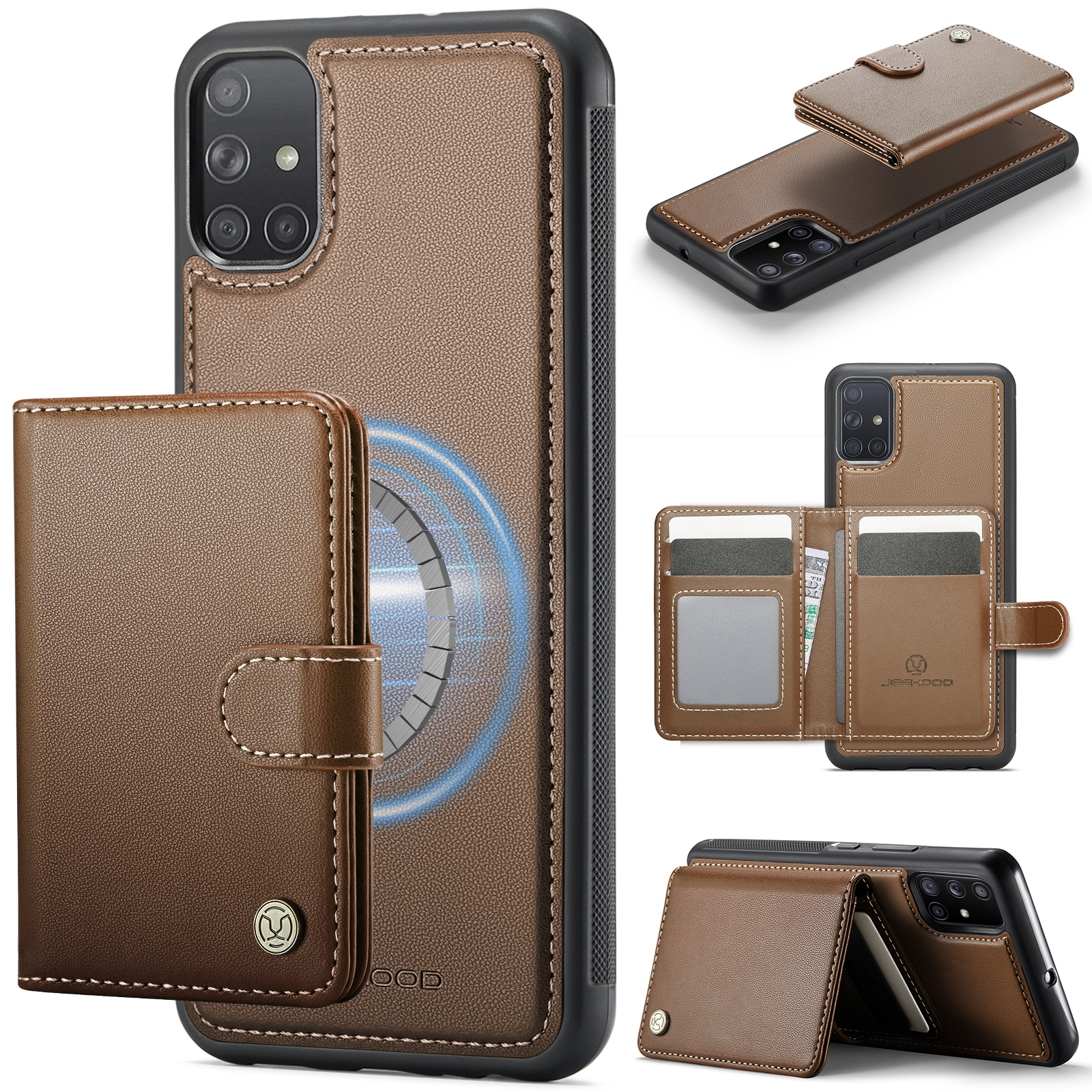 JEEHOOD For Samsung Galaxy A51 4G SM-A515 Case J09 RFID Blocking Card Holder Leather Back Phone Cover Magnetic Case - Brown