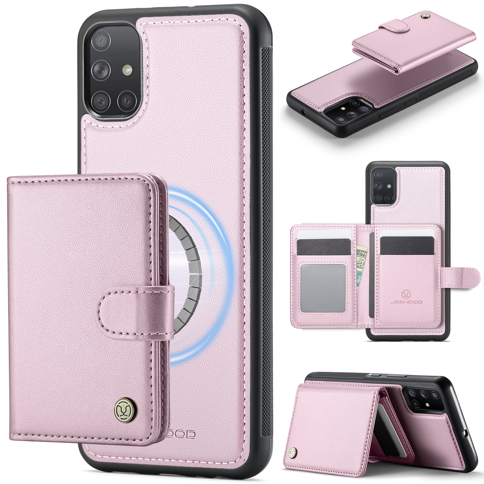 JEEHOOD For Samsung Galaxy A51 4G SM-A515 Case J09 RFID Blocking Card Holder Leather Back Phone Cover Magnetic Case - Pink