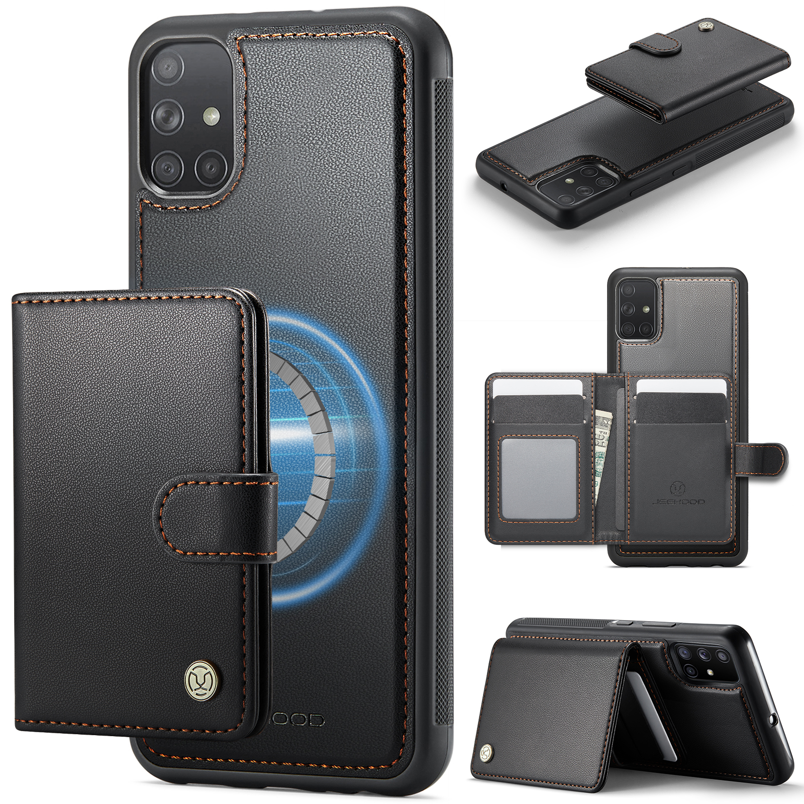JEEHOOD For Samsung Galaxy A51 4G SM-A515 Case J09 RFID Blocking Card Holder Leather Back Phone Cover Magnetic Case - Black