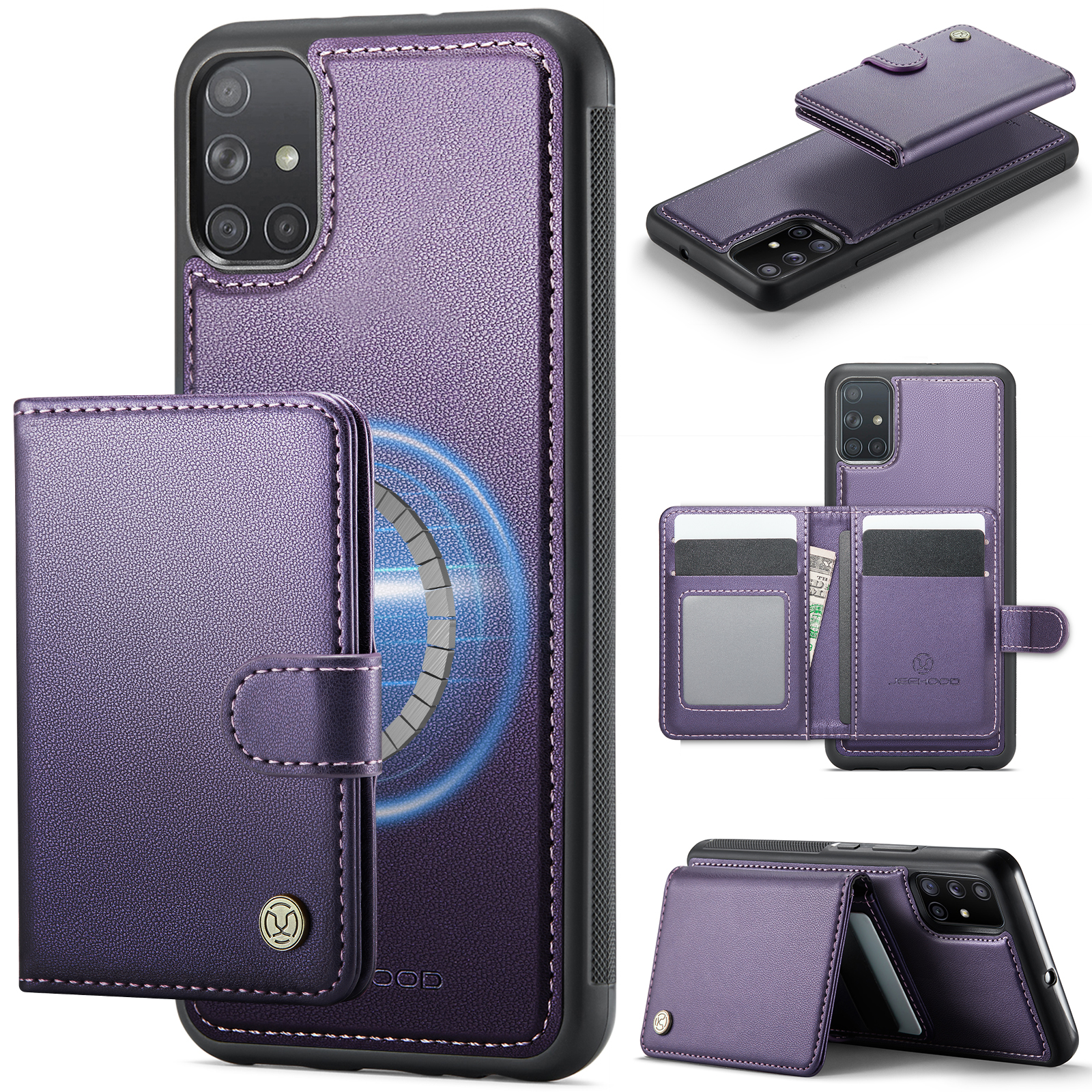 JEEHOOD For Samsung Galaxy A51 4G SM-A515 Case  J09 RFID Blocking Card Holder Leather Back Phone Cover Magnetic Case - Purple