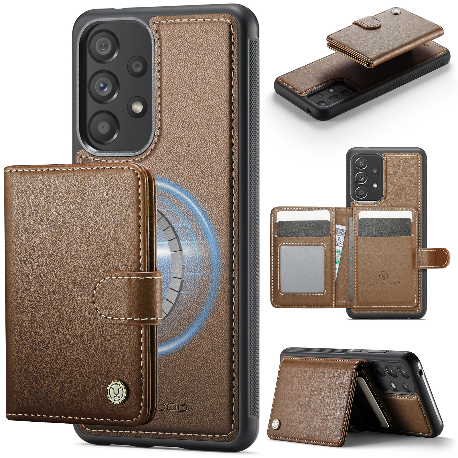 JEEHOOD For Samsung Galaxy A52 5G / Galaxy A52s 5G / Galaxy A52 4G Case J09 RFID Blocking Card Holder Leather Back Phone Cover Magnetic Case - Brown