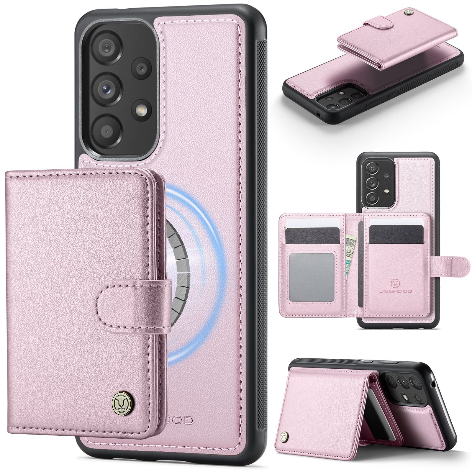 JEEHOOD For Samsung Galaxy A52 5G / Galaxy A52s 5G / Galaxy A52 4G Case J09 RFID Blocking Card Holder Leather Back Phone Cover Magnetic Case - Pink