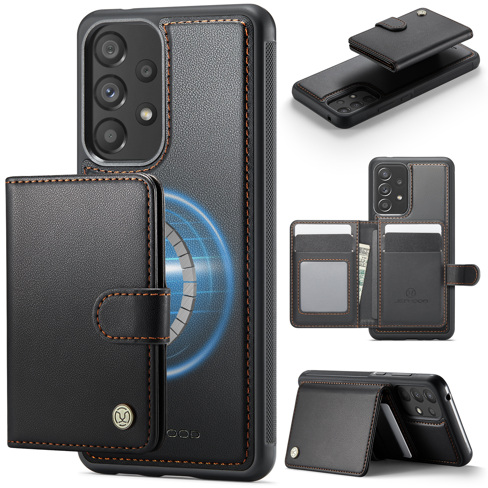 JEEHOOD For Samsung Galaxy A52 5G / Galaxy A52s 5G / Galaxy A52 4G Case  J09 RFID Blocking Card Holder Leather Back Phone Cover Magnetic Case - Black