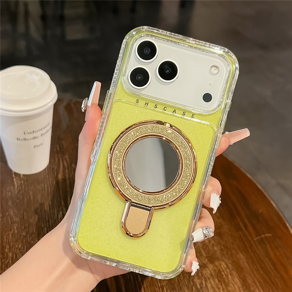 For iPhone 17 Pro Max Magnetic Case Kickstand Glitter Design PC + TPU Phone Back Cover with Mirror - Yellow