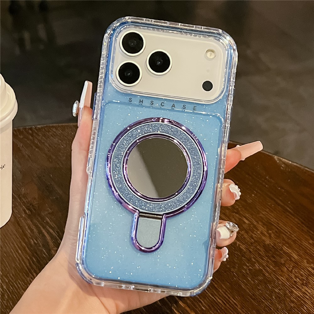 For iPhone 17 Pro Max Magnetic Case Kickstand Glitter Design PC + TPU Phone Back Cover with Mirror - Blue