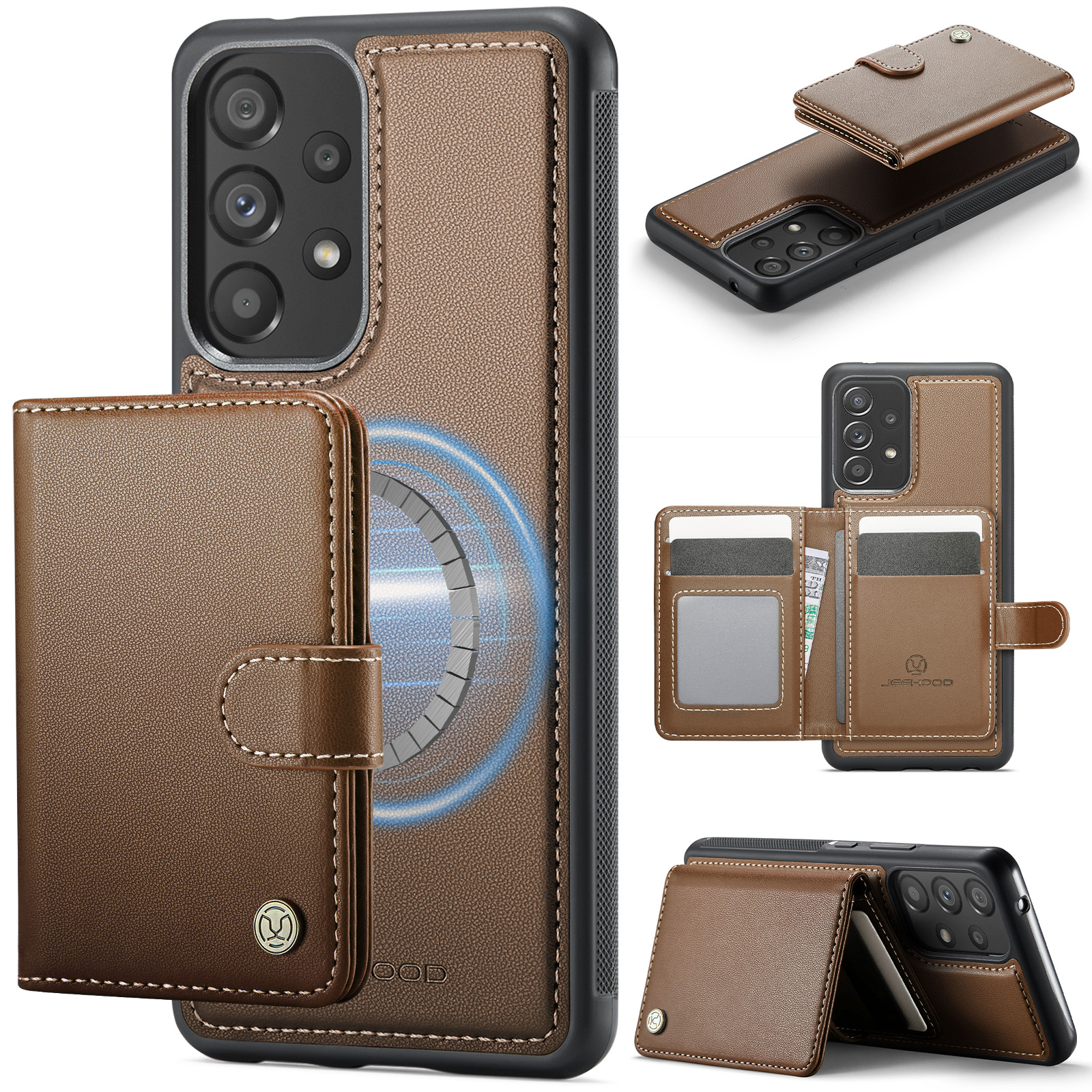 JEEHOOD For Samsung Galaxy A53 5G Case  J09 RFID Blocking Card Holder Leather Back Phone Cover Magnetic Case - Brown