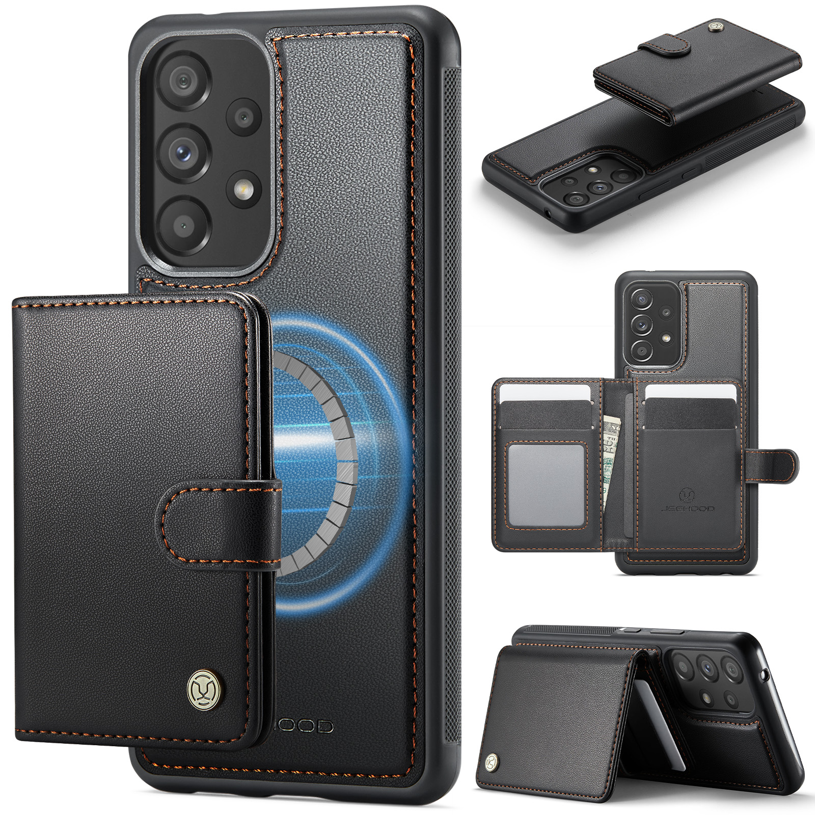 JEEHOOD For Samsung Galaxy A53 5G Case  J09 RFID Blocking Card Holder Leather Back Phone Cover Magnetic Case - Black