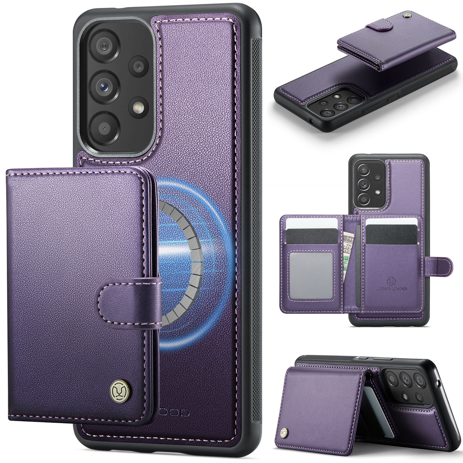 JEEHOOD For Samsung Galaxy A53 5G Case  J09 RFID Blocking Card Holder Leather Back Phone Cover Magnetic Case - Purple