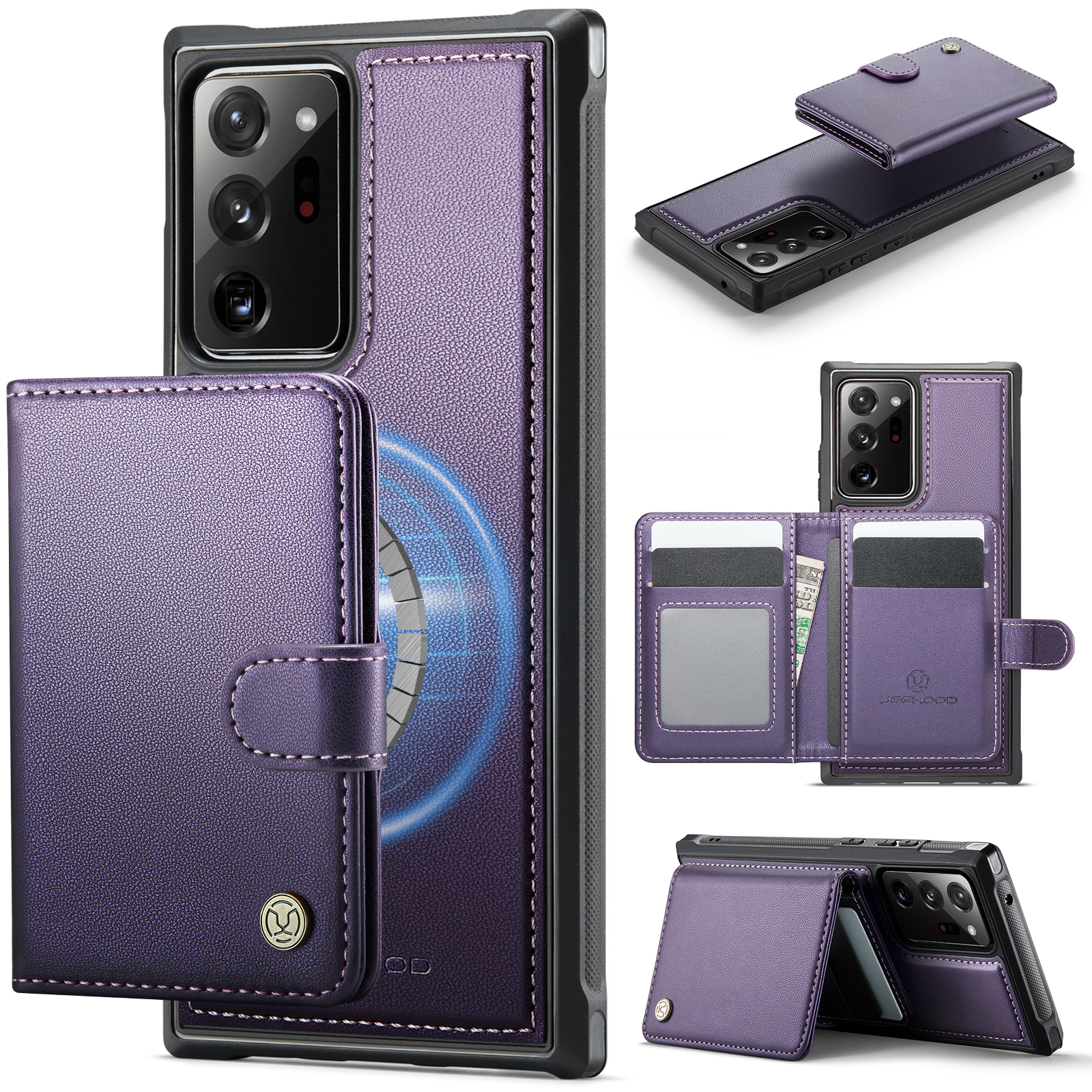 JEEHOOD For Samsung Galaxy Note20 Ultra Case  J09 RFID Blocking Card Holder Leather Back Phone Cover Magnetic Case - Purple