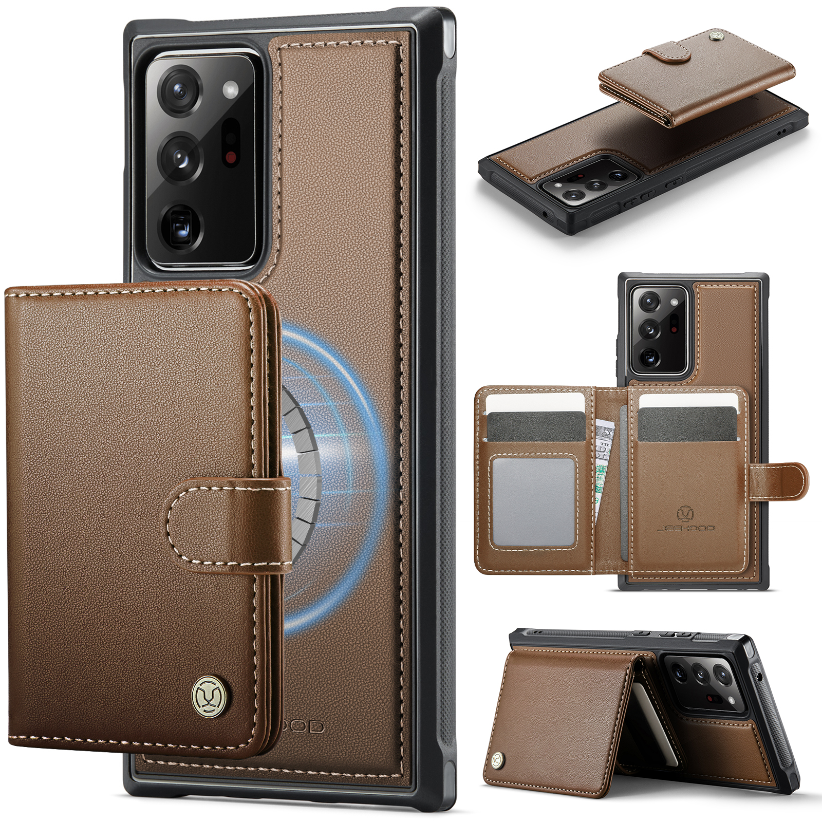 JEEHOOD For Samsung Galaxy Note20 Ultra Case  J09 RFID Blocking Card Holder Leather Back Phone Cover Magnetic Case - Brown