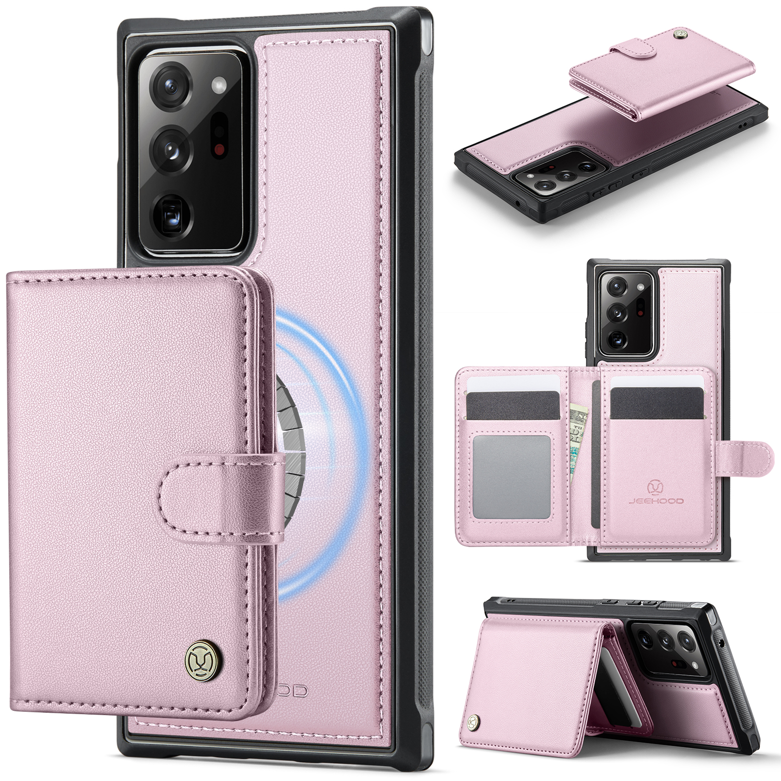 JEEHOOD For Samsung Galaxy Note20 Ultra Case  J09 RFID Blocking Card Holder Leather Back Phone Cover Magnetic Case - Pink