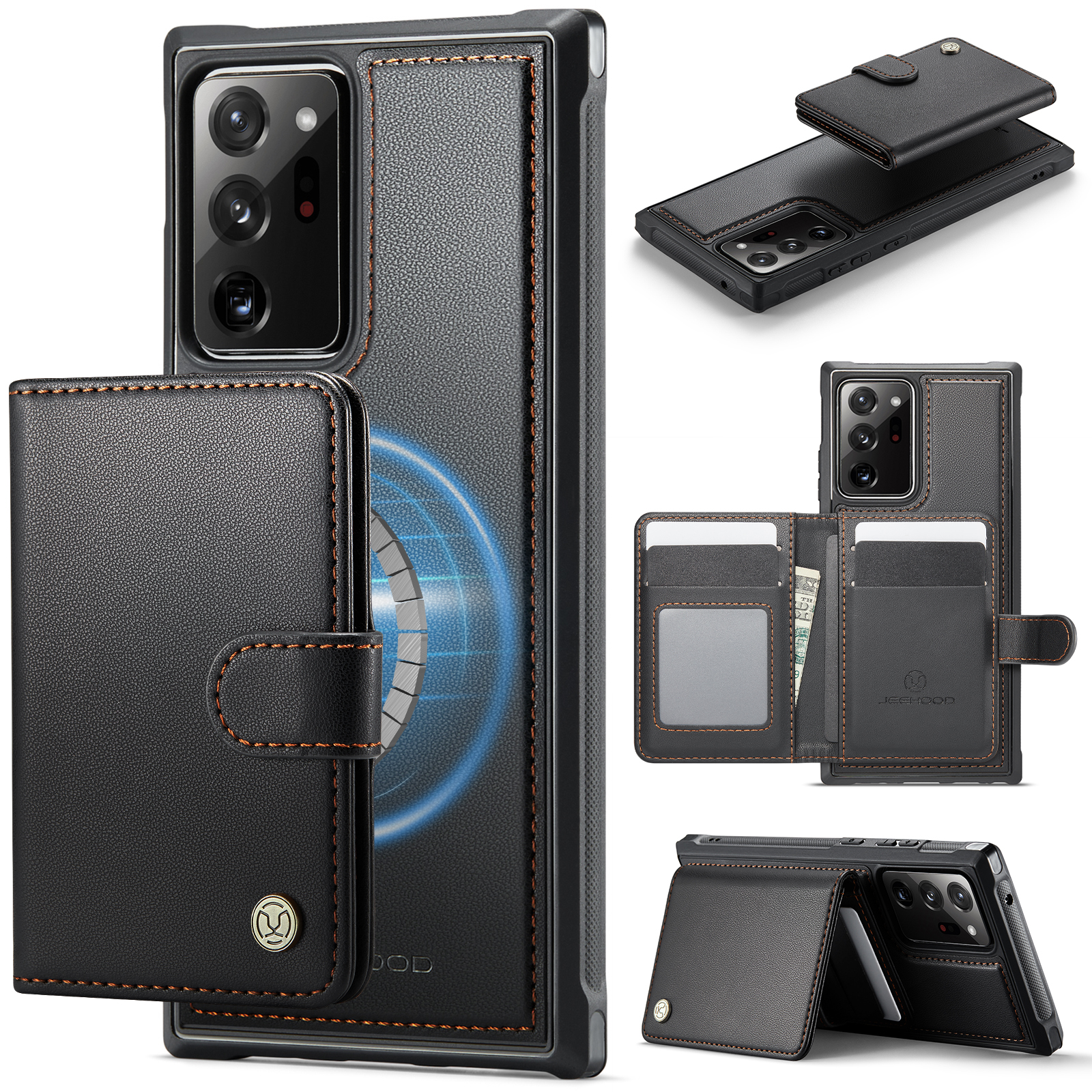 JEEHOOD For Samsung Galaxy Note20 Ultra Case  J09 RFID Blocking Card Holder Leather Back Phone Cover Magnetic Case - Black