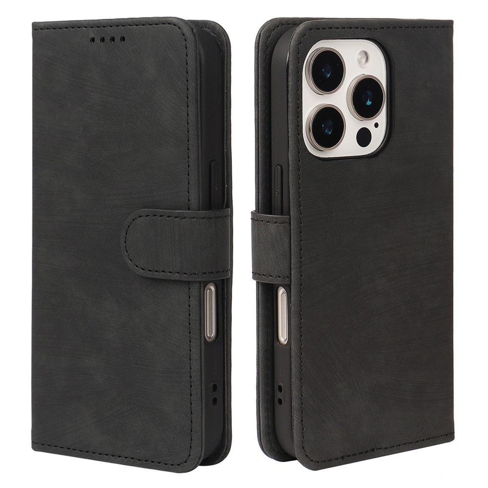 For iPhone 16 Pro Case Flip Wallet Striped Texture Leather Phone Cover - Black