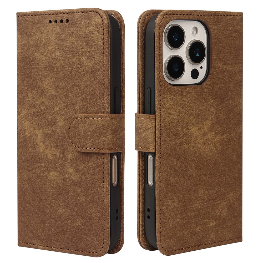 For iPhone 16 Pro Case Flip Wallet Striped Texture Leather Phone Cover - Brown