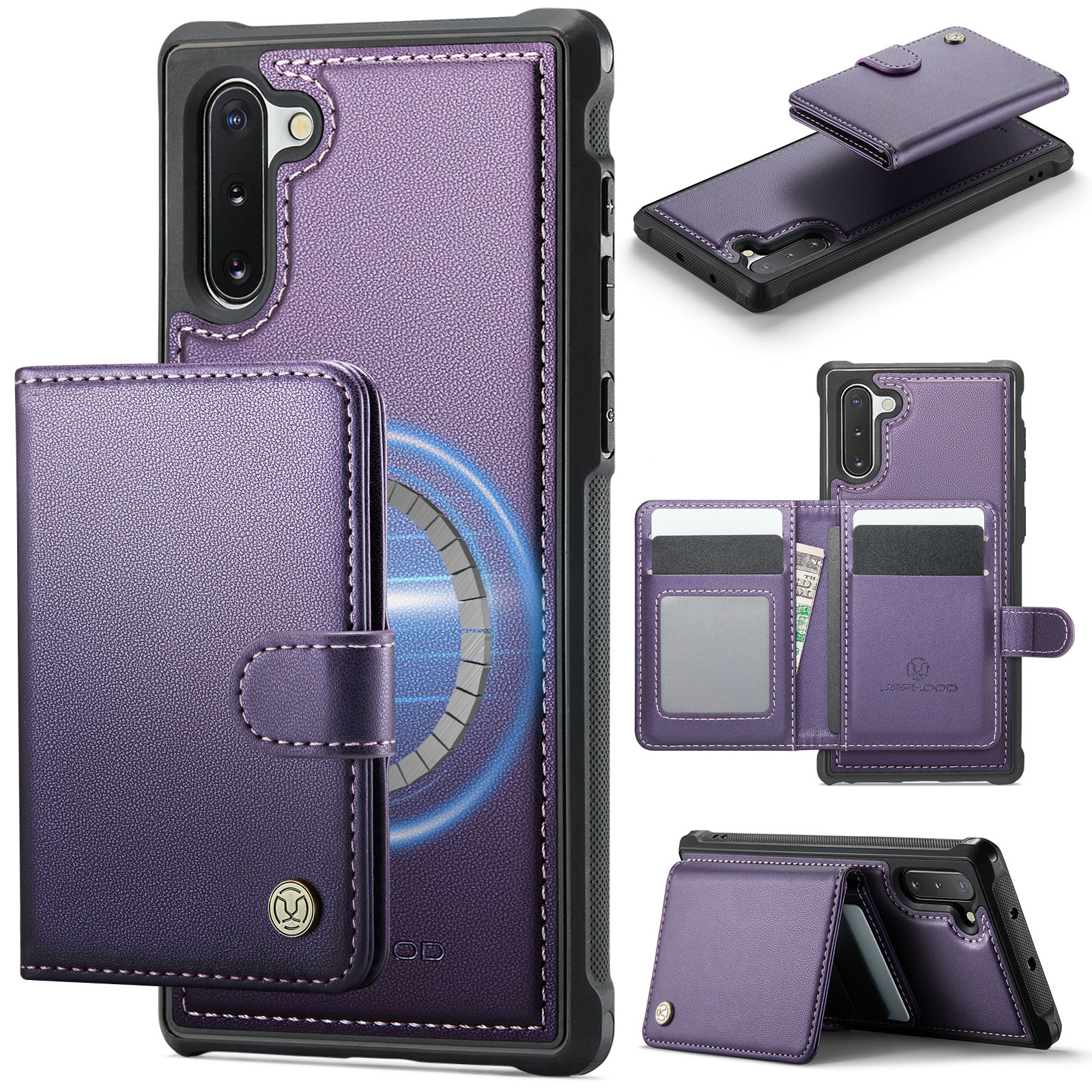 JEEHOOD For Samsung Galaxy Note10 Case  J09 RFID Blocking Card Holder Leather Back Phone Cover Magnetic Case - Purple