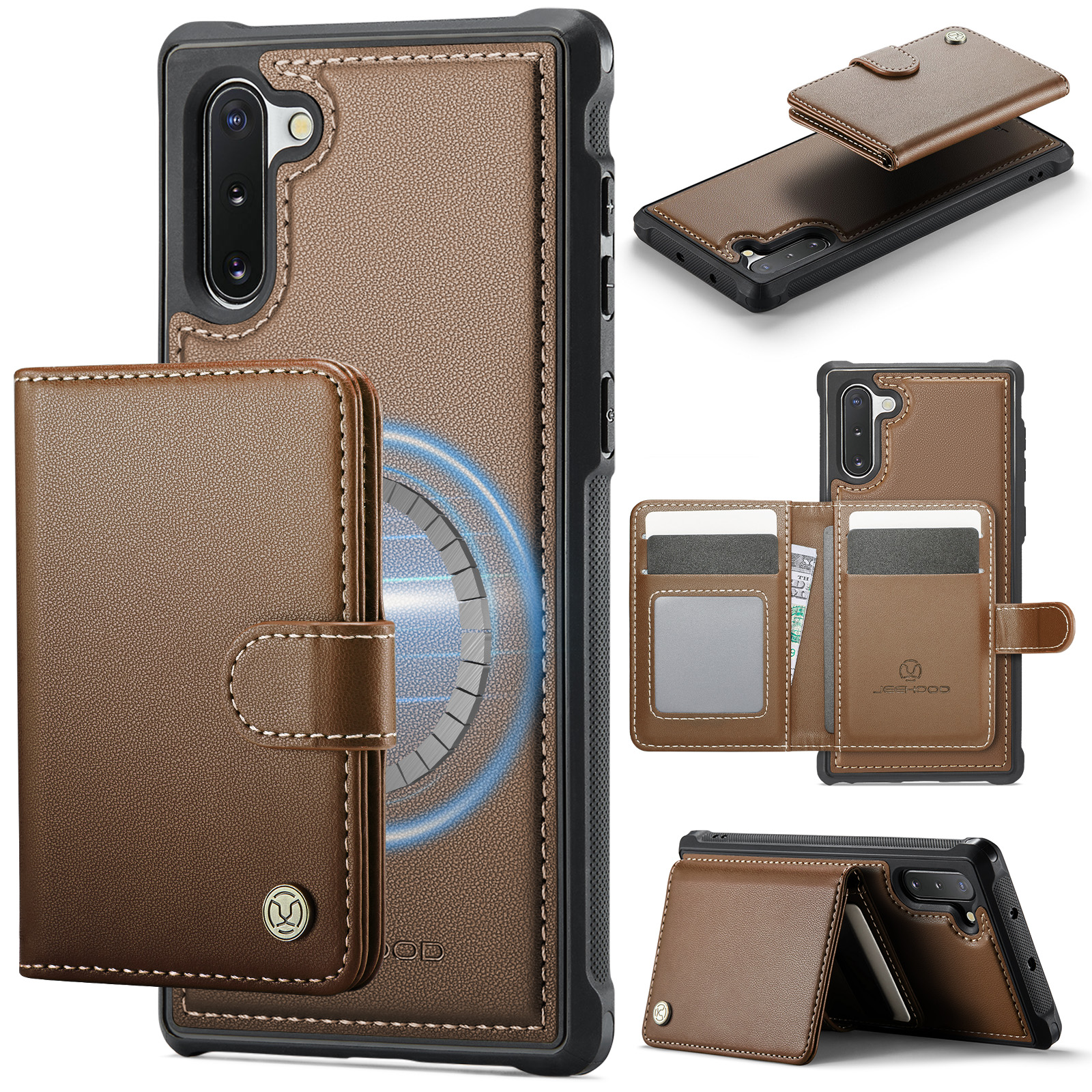 JEEHOOD For Samsung Galaxy Note10 Case  J09 RFID Blocking Card Holder Leather Back Phone Cover Magnetic Case - Brown