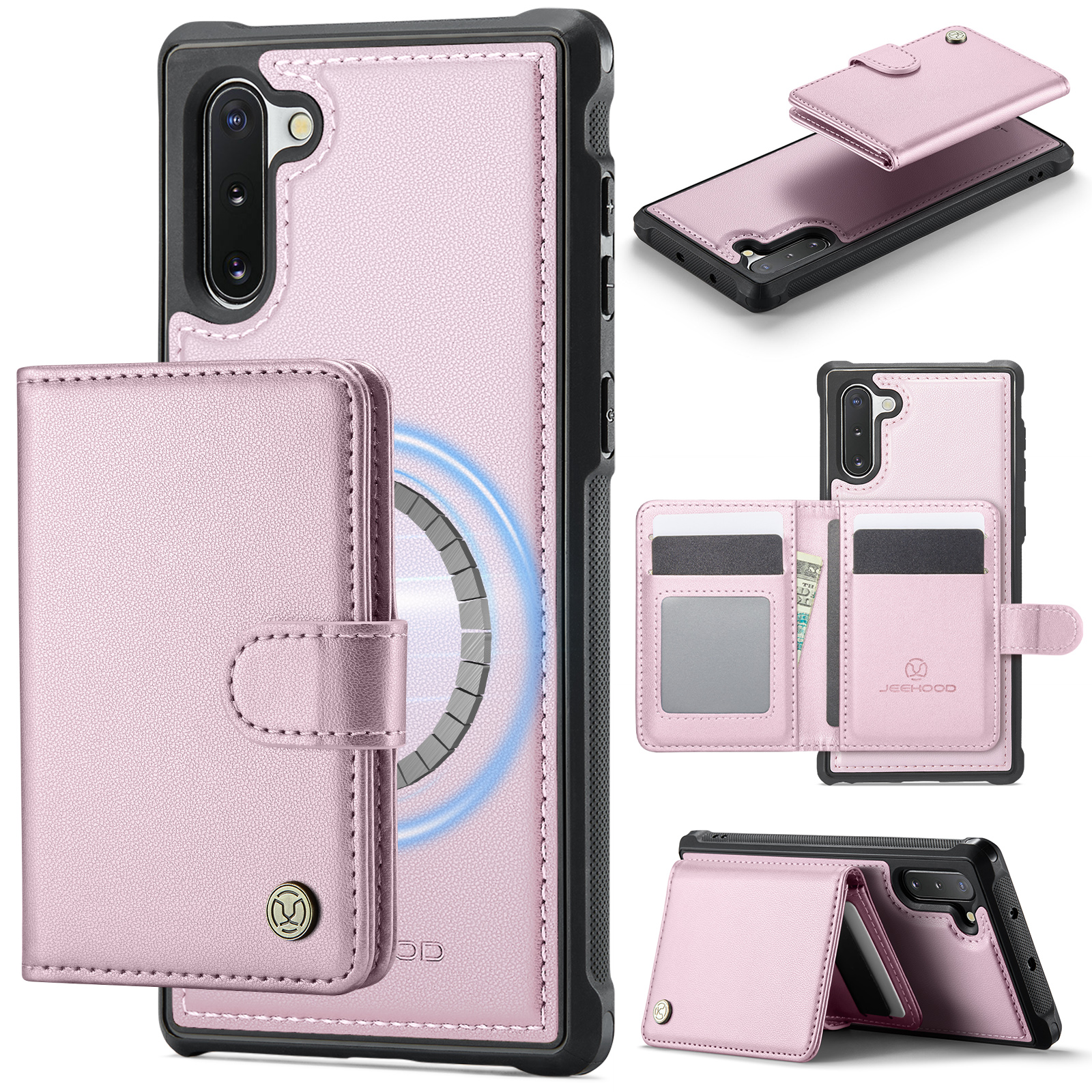 JEEHOOD For Samsung Galaxy Note10 Case  J09 RFID Blocking Card Holder Leather Back Phone Cover Magnetic Case - Pink