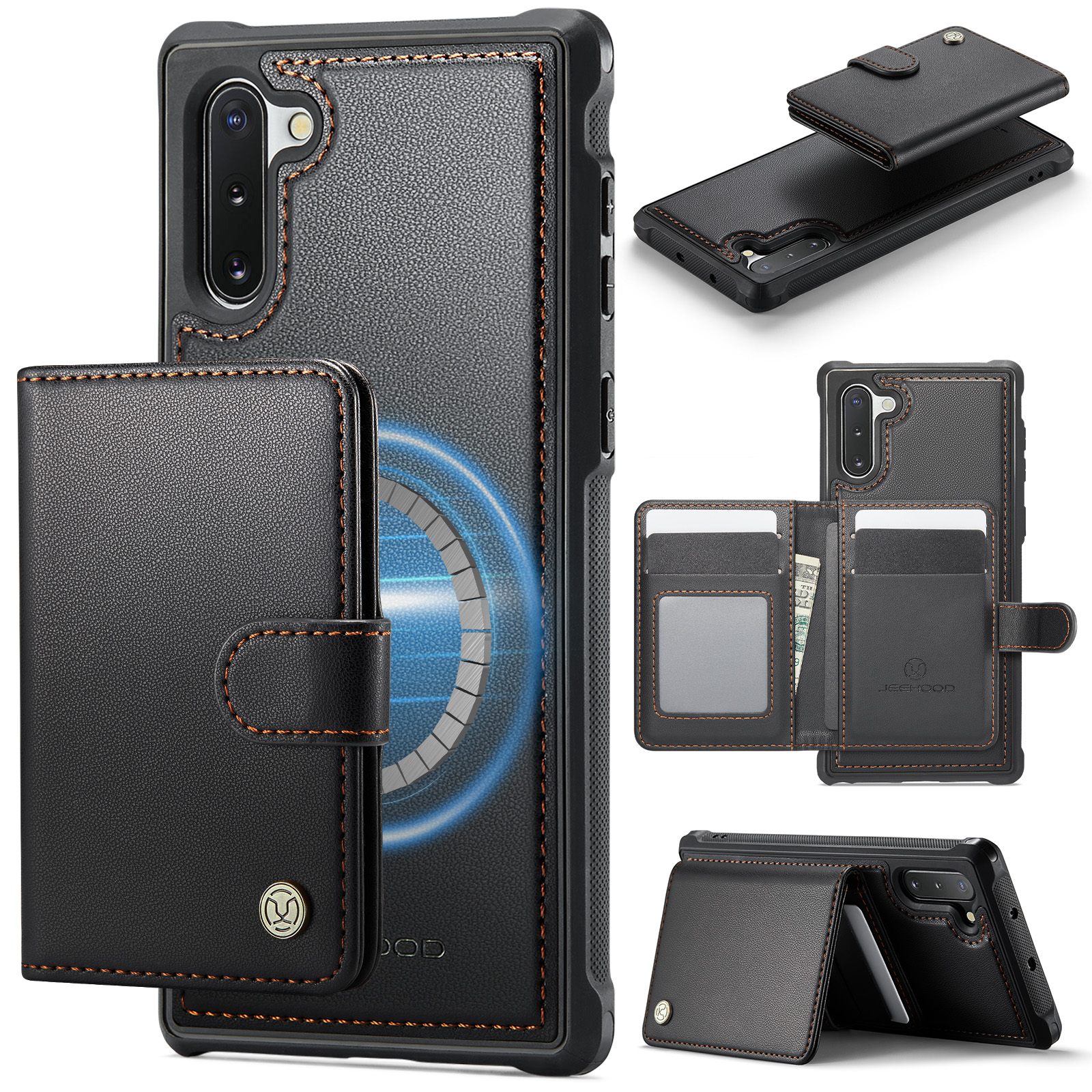 JEEHOOD For Samsung Galaxy Note10 Case  J09 RFID Blocking Card Holder Leather Back Phone Cover Magnetic Case - Black