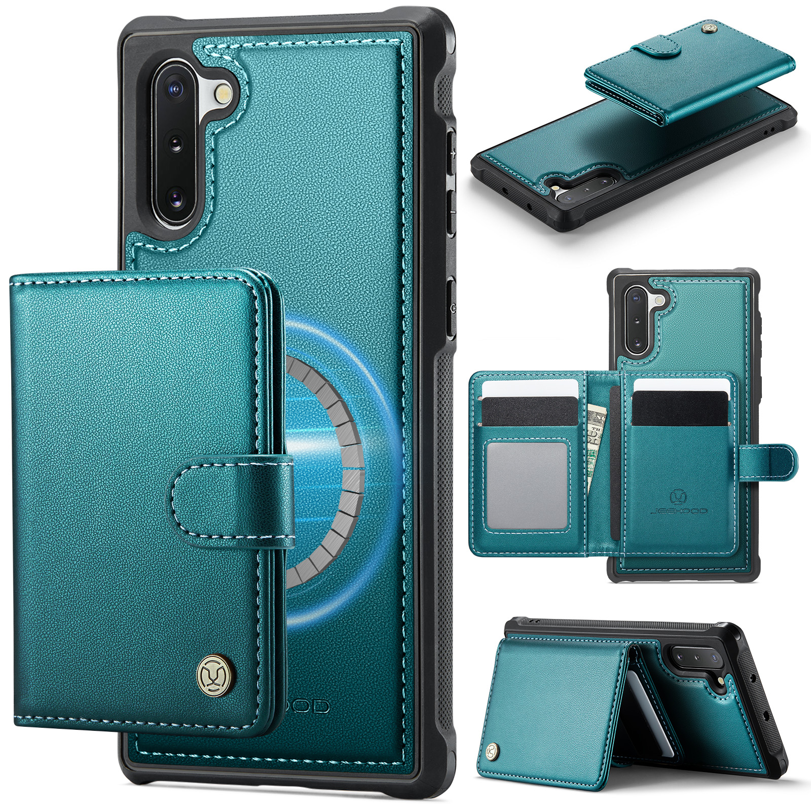 JEEHOOD For Samsung Galaxy Note10 Case  J09 RFID Blocking Card Holder Leather Back Phone Cover Magnetic Case - Green
