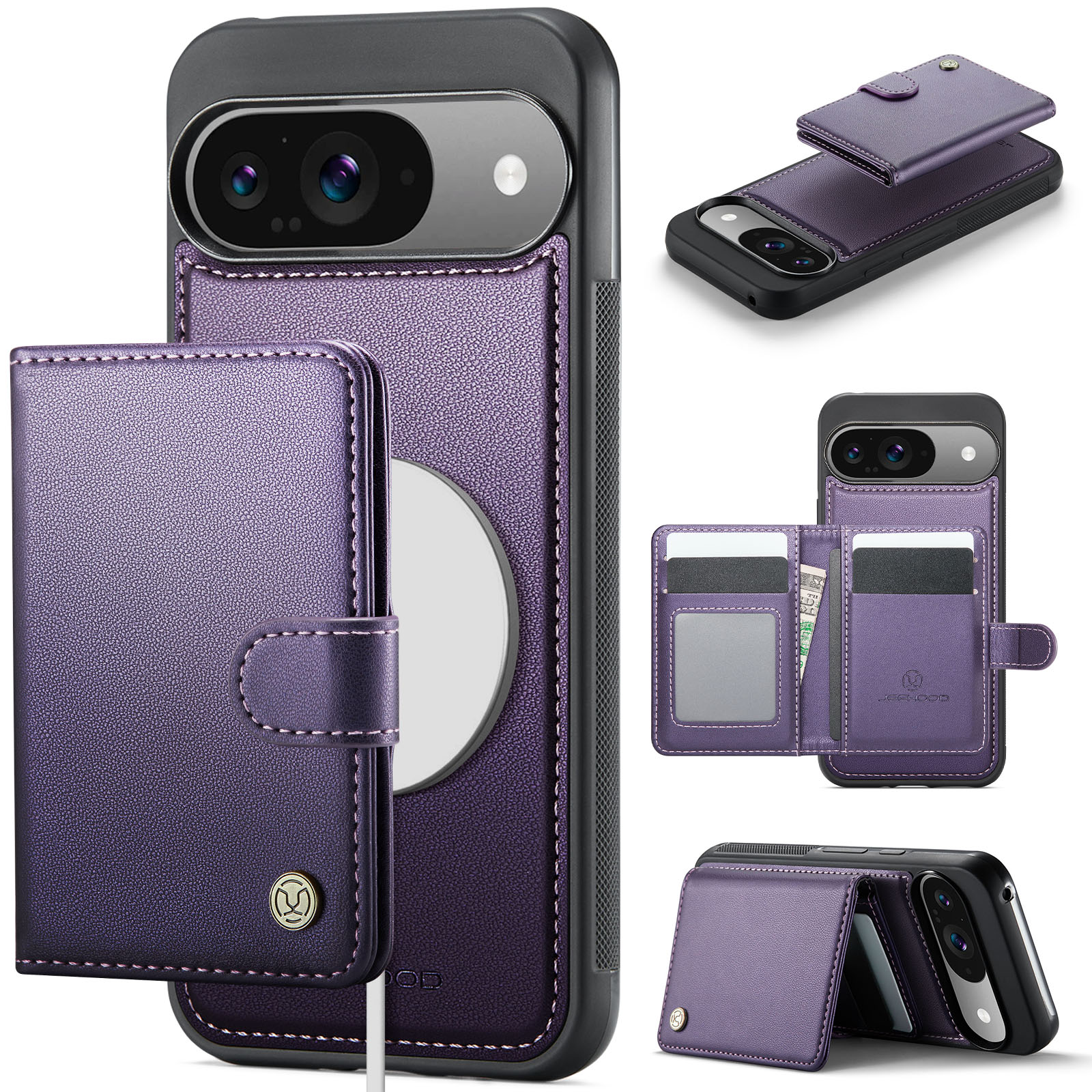 For Google Pixel 9 Pro / Google Pixel 9 Case JEEHOOD J09 RFID Blocking Card Holder Leather Back Phone Cover Compatible with MagSafe - Purple