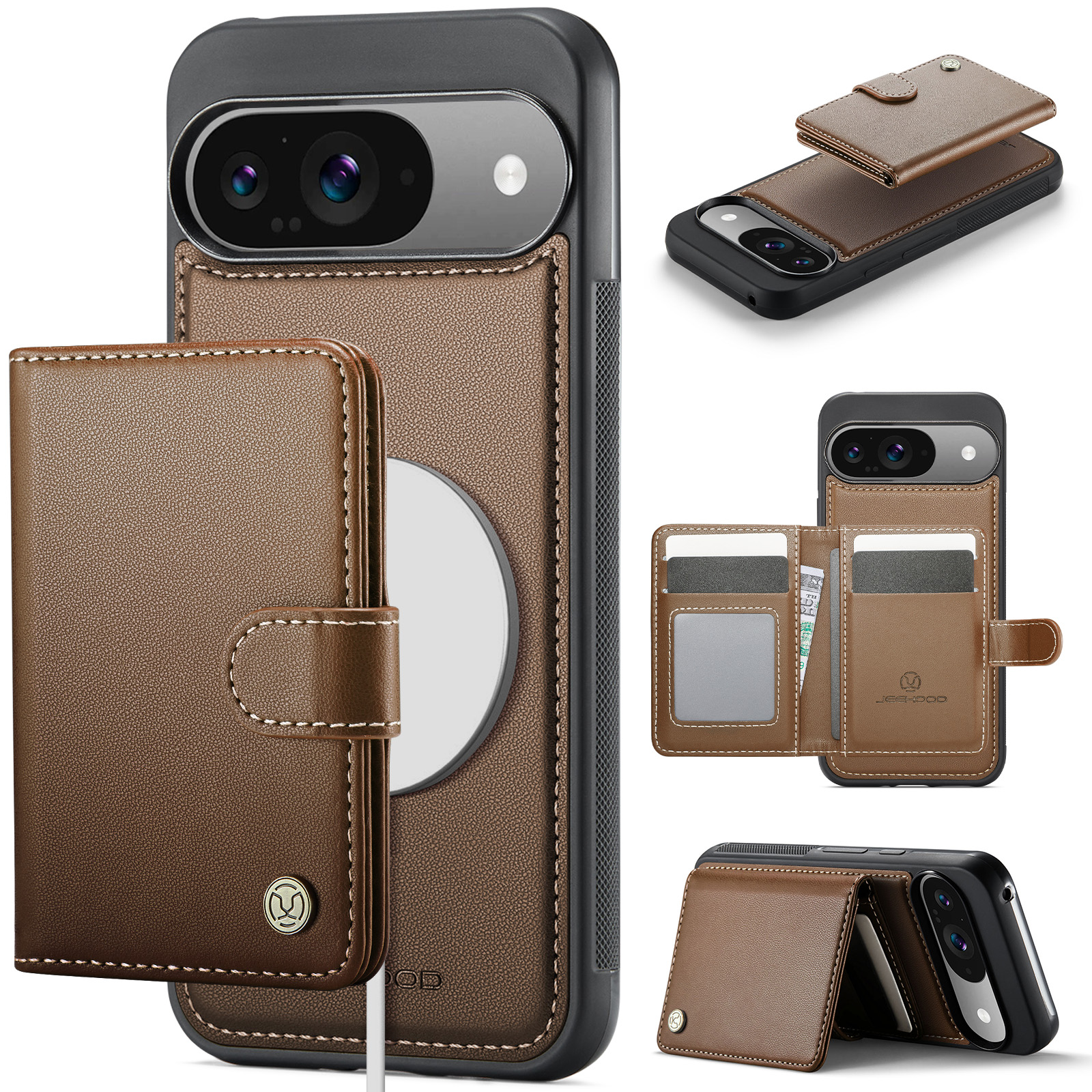 For Google Pixel 9 Pro / Google Pixel 9 Case JEEHOOD J09 RFID Blocking Card Holder Leather Back Phone Cover Compatible with MagSafe - Brown