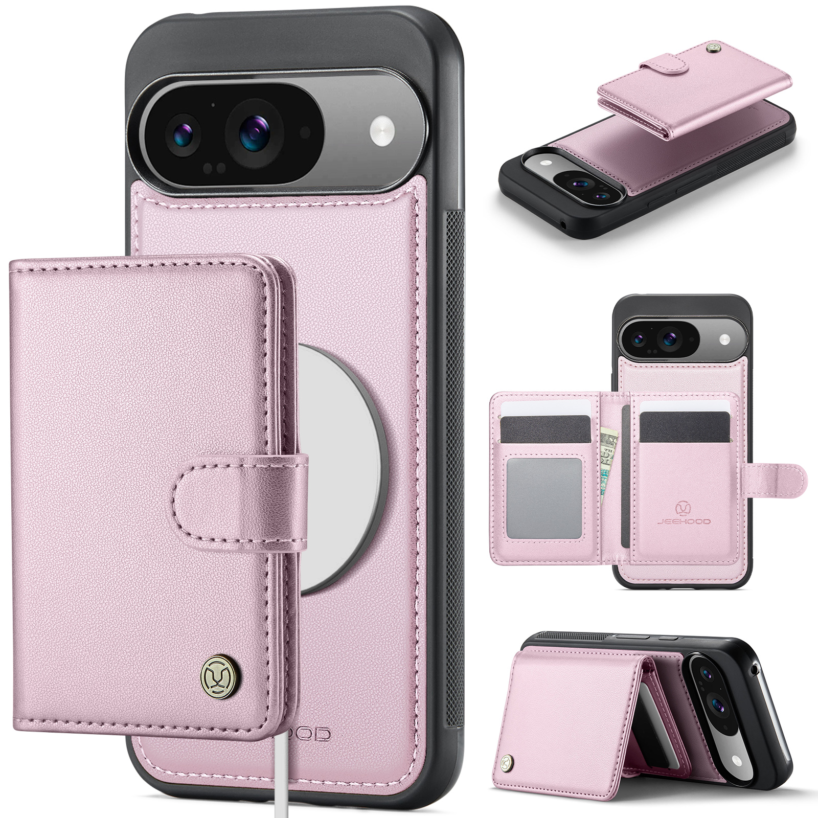 For Google Pixel 9 Pro / Google Pixel 9 Case JEEHOOD J09 RFID Blocking Card Holder Leather Back Phone Cover Compatible with MagSafe - Pink