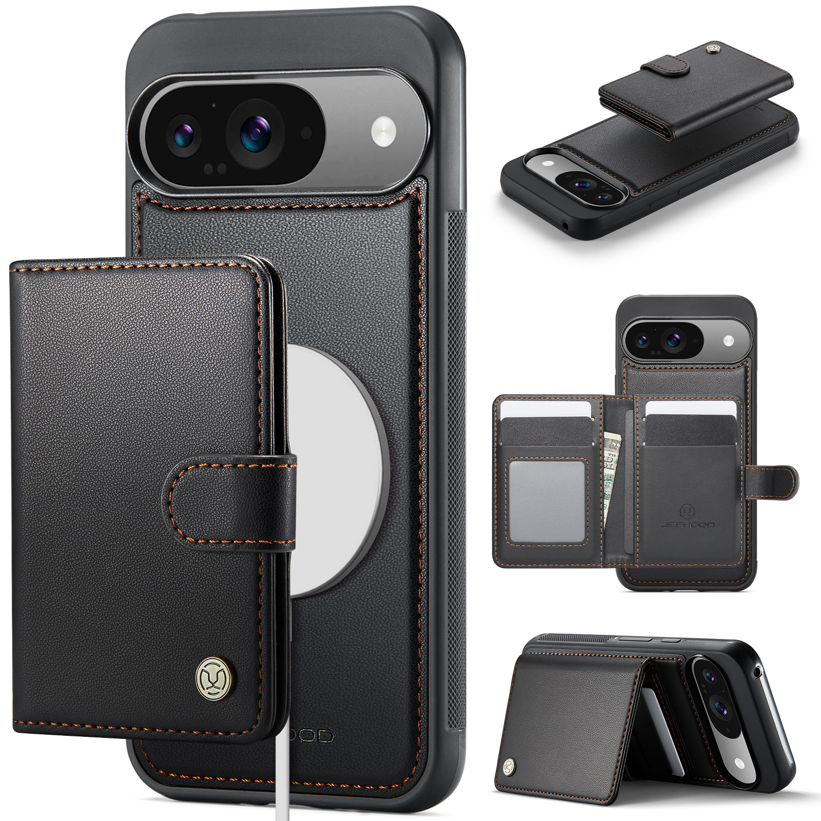 For Google Pixel 9 Pro / Google Pixel 9 Case JEEHOOD J09 RFID Blocking Card Holder Leather Back Phone Cover Compatible with MagSafe - Black