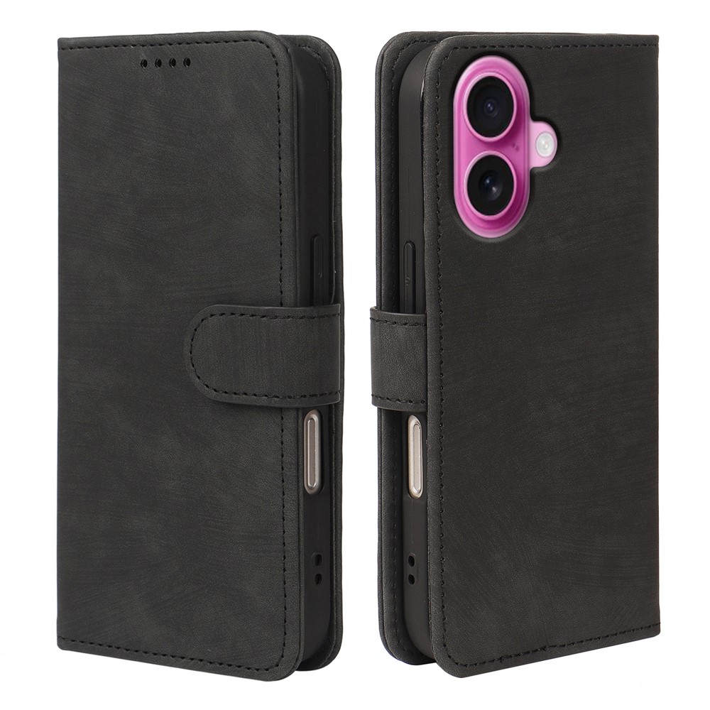 For iPhone 16 Case Flip Wallet Striped Texture Leather Phone Cover - Black