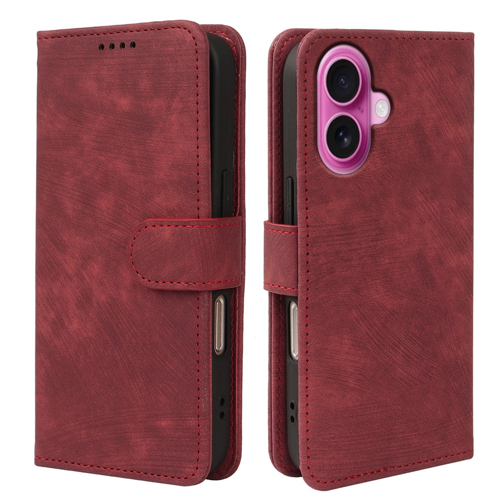 For iPhone 16 Case Flip Wallet Striped Texture Leather Phone Cover - Red