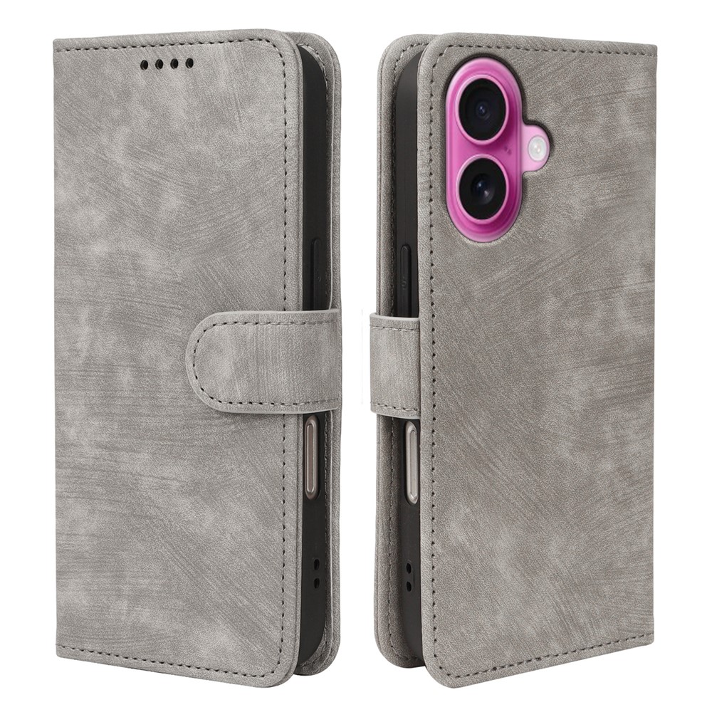For iPhone 16 Case Flip Wallet Striped Texture Leather Phone Cover - Grey