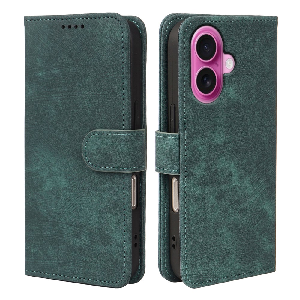 For iPhone 16 Case Flip Wallet Striped Texture Leather Phone Cover - Green