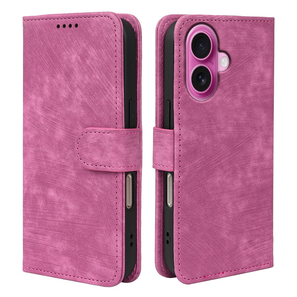 For iPhone 16 Case Flip Wallet Striped Texture Leather Phone Cover - Rose