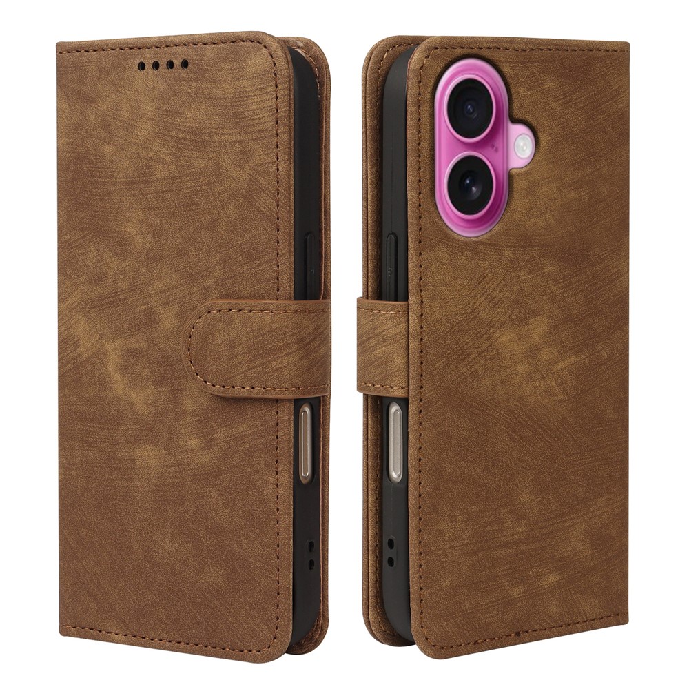 For iPhone 16 Case Flip Wallet Striped Texture Leather Phone Cover - Brown