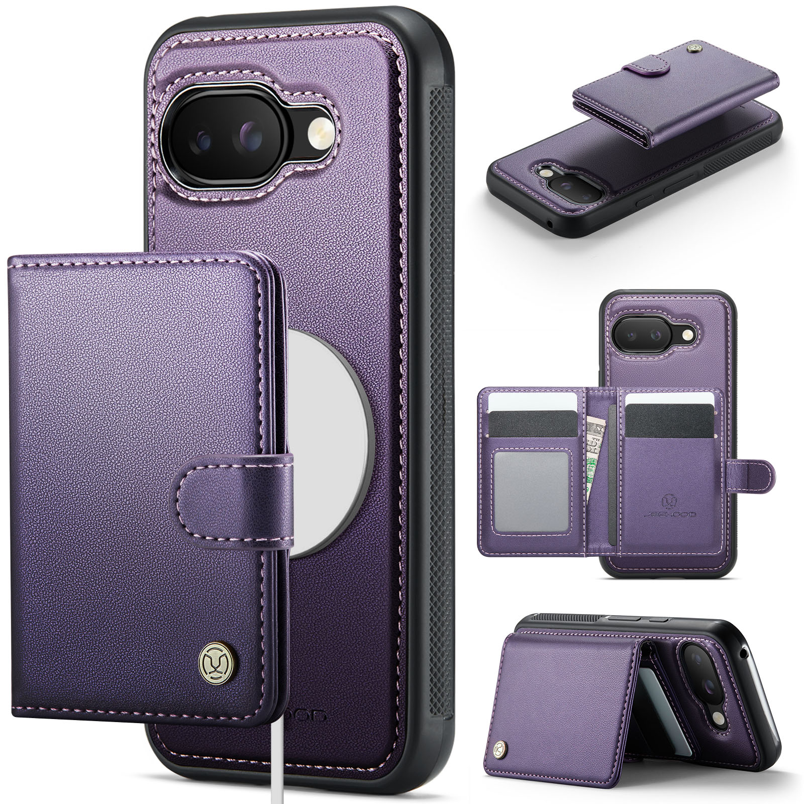 For Google Pixel 9a Case JEEHOOD J09 RFID Blocking Card Holder Leather Back Phone Cover Compatible with MagSafe - Purple