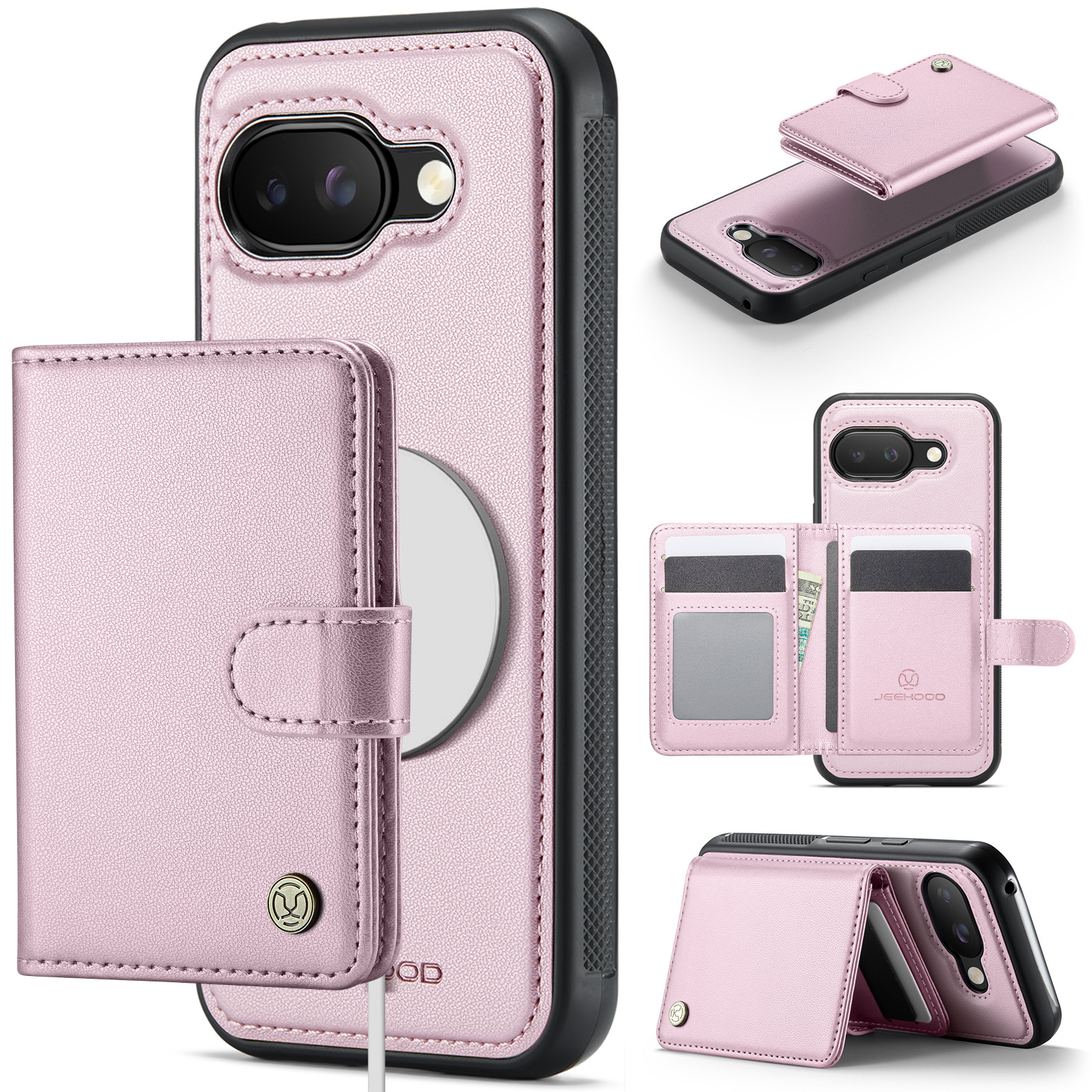For Google Pixel 9a Case JEEHOOD J09 RFID Blocking Card Holder Leather Back Phone Cover Compatible with MagSafe - Pink