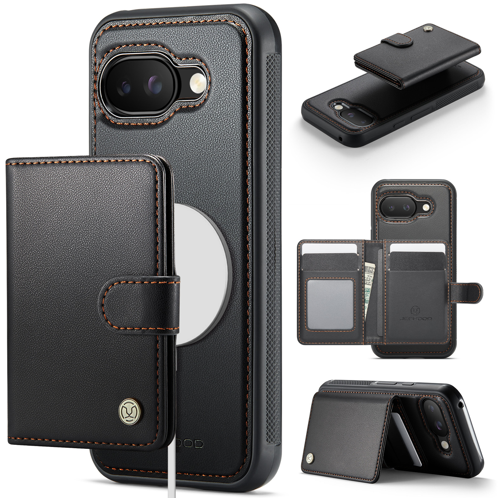 For Google Pixel 9a Case JEEHOOD J09 RFID Blocking Card Holder Leather Back Phone Cover Compatible with MagSafe - Black