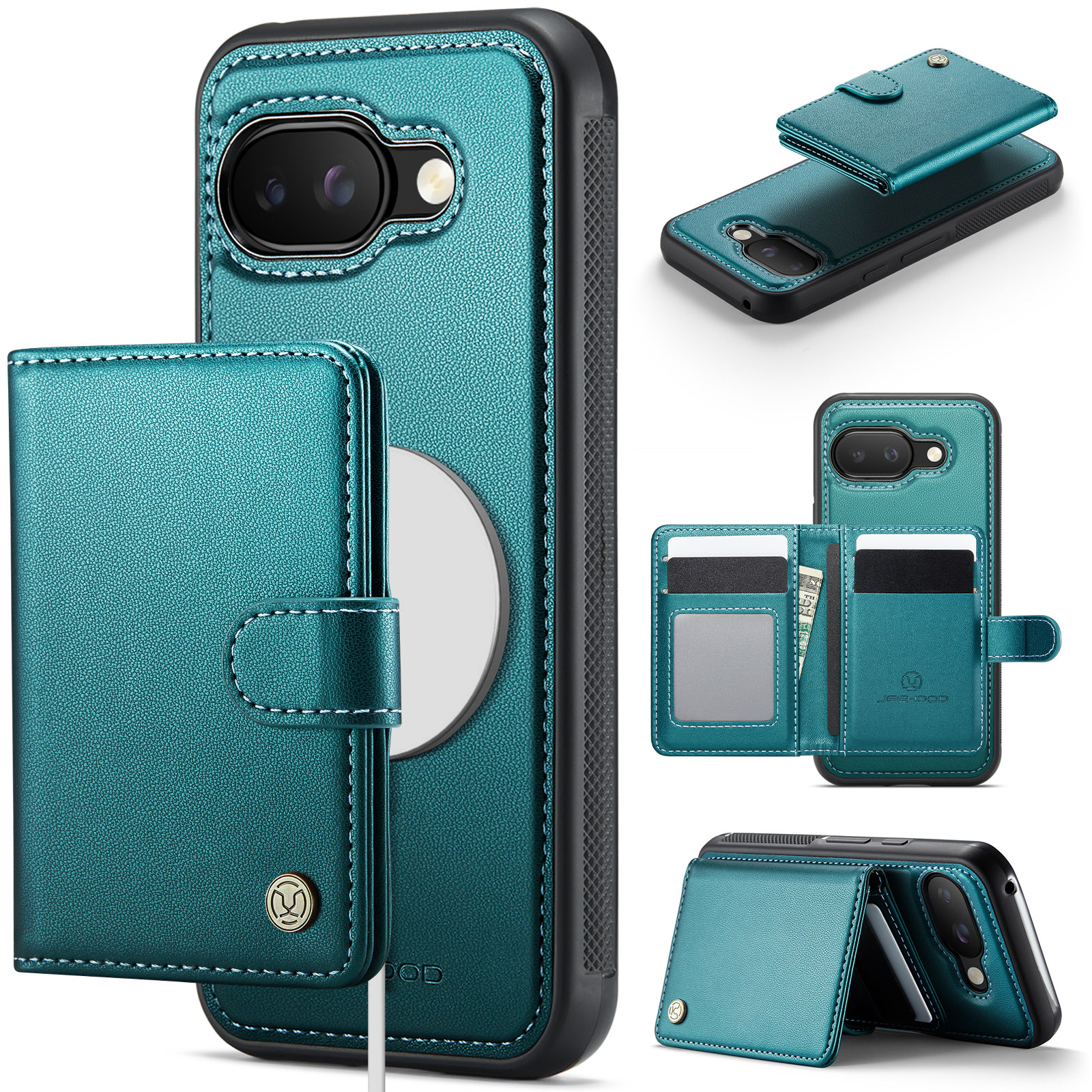 For Google Pixel 9a Case JEEHOOD J09 RFID Blocking Card Holder Leather Back Phone Cover Compatible with MagSafe - Green