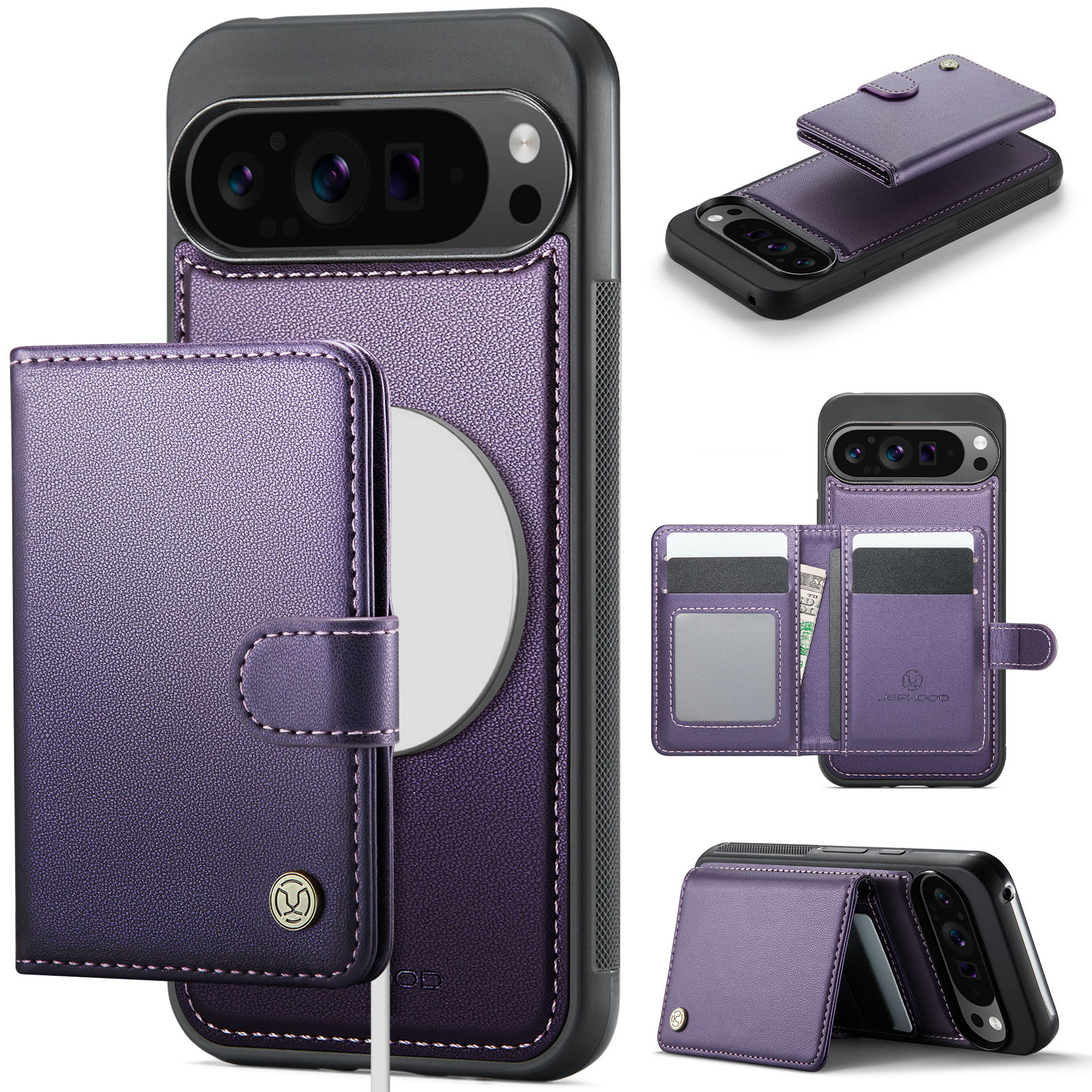 For Google Pixel 9 Pro XL Case JEEHOOD J09 RFID Blocking Card Holder Leather Back Phone Cover Compatible with MagSafe - Purple