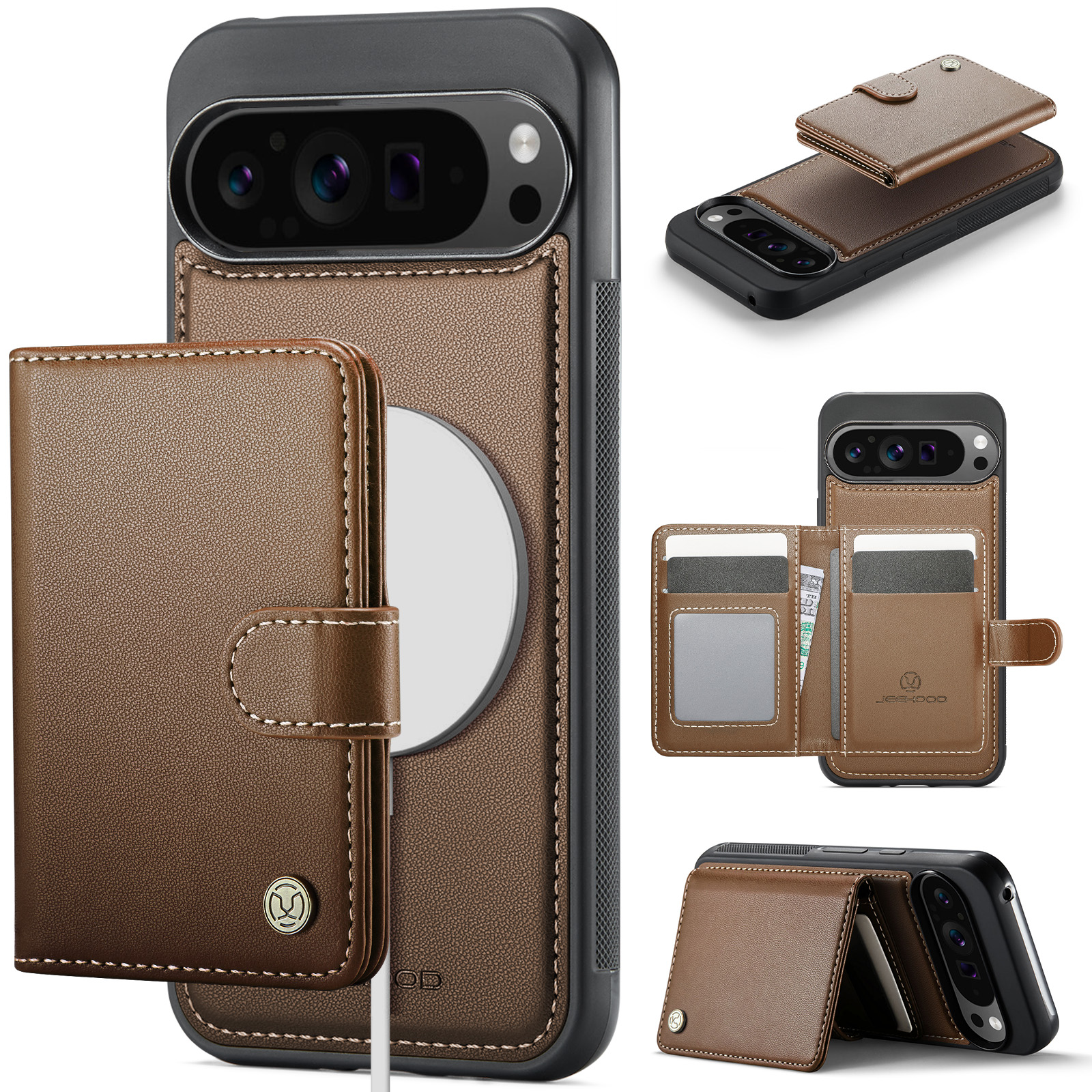 For Google Pixel 9 Pro XL Case JEEHOOD J09 RFID Blocking Card Holder Leather Back Phone Cover Compatible with MagSafe - Brown