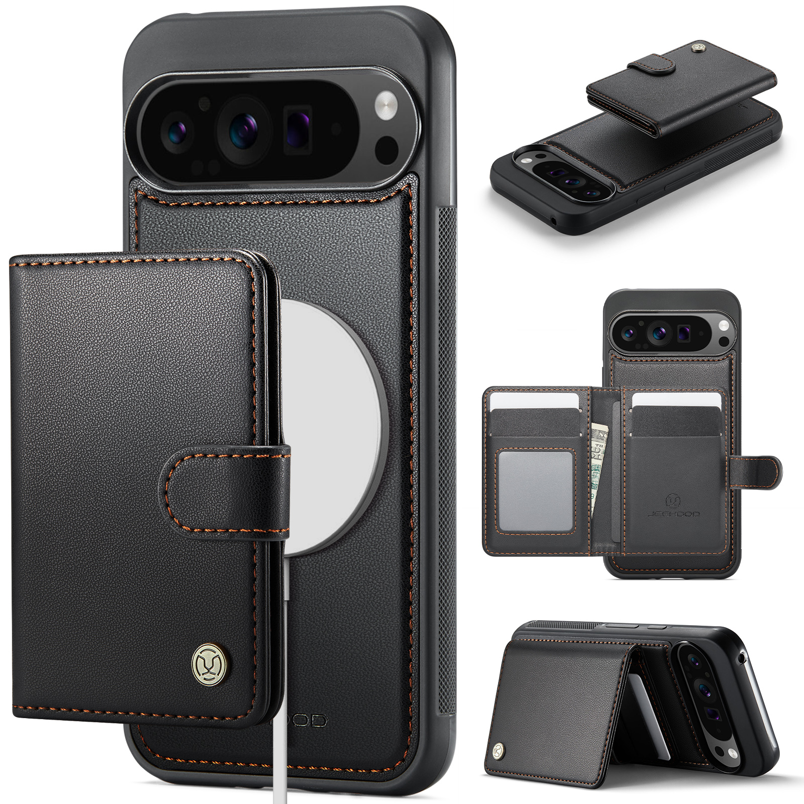 For Google Pixel 9 Pro XL Case JEEHOOD J09 RFID Blocking Card Holder Leather Back Phone Cover Compatible with MagSafe - Black