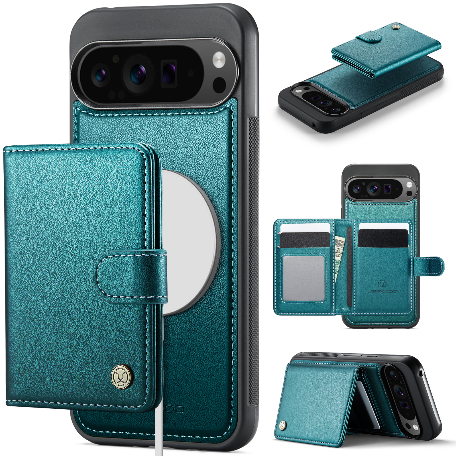 For Google Pixel 9 Pro XL Case JEEHOOD J09 RFID Blocking Card Holder Leather Back Phone Cover Compatible with MagSafe - Green