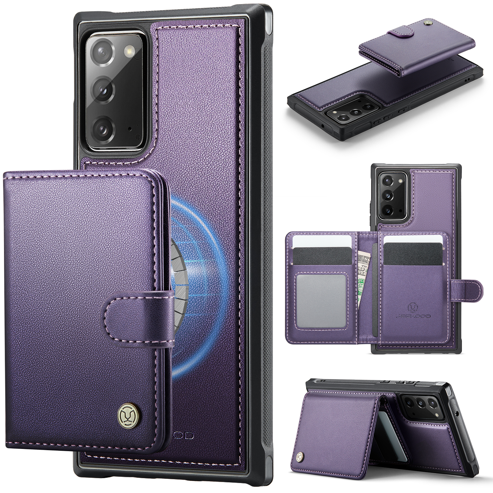 JEEHOOD For Samsung Galaxy Note20 Case  J09 RFID Blocking Card Holder Leather Back Phone Cover Magnetic Case - Purple