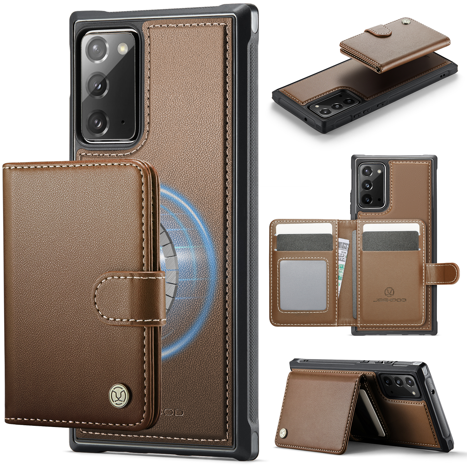 JEEHOOD For Samsung Galaxy Note20 Case  J09 RFID Blocking Card Holder Leather Back Phone Cover Magnetic Case - Brown