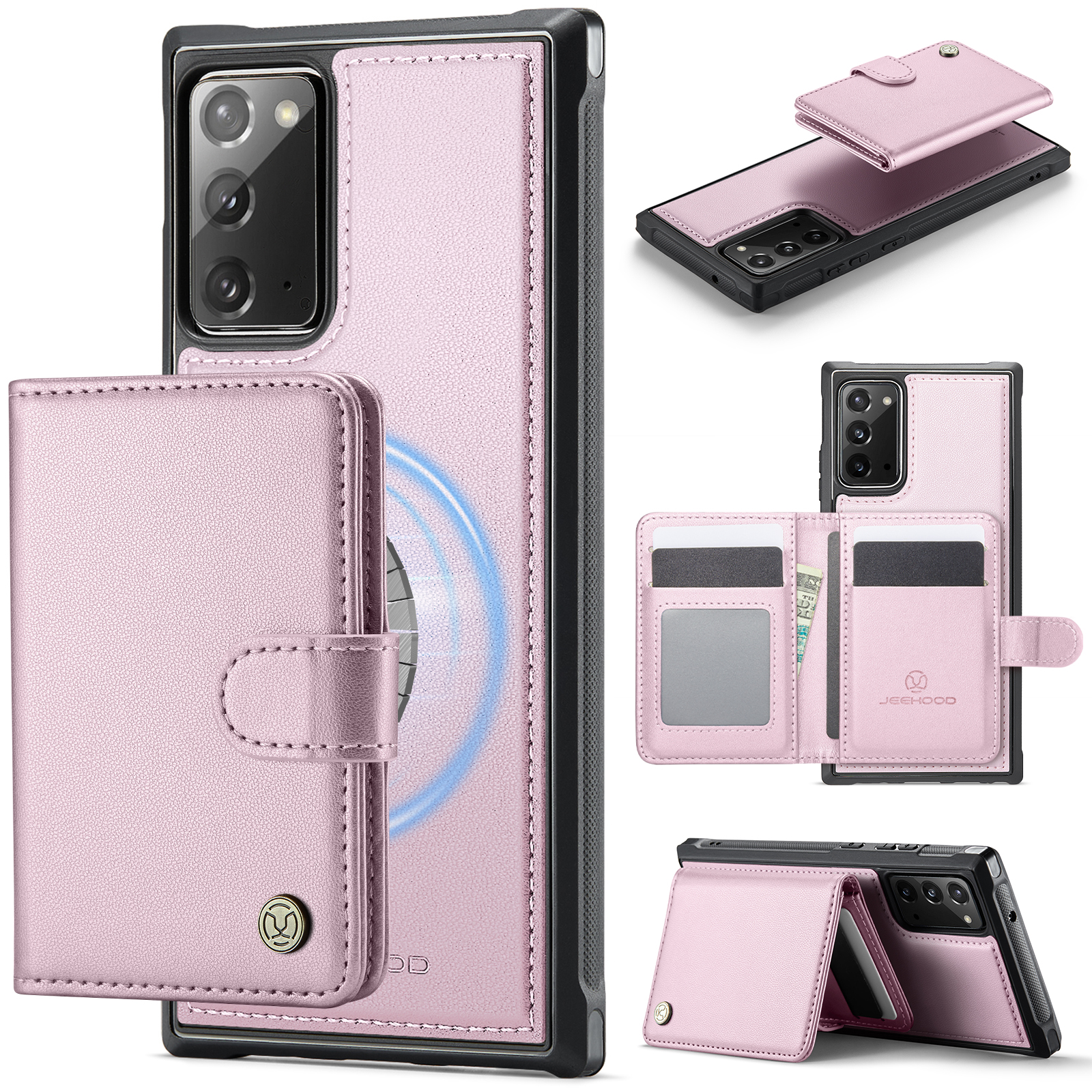 JEEHOOD For Samsung Galaxy Note20 Case  J09 RFID Blocking Card Holder Leather Back Phone Cover Magnetic Case - Pink