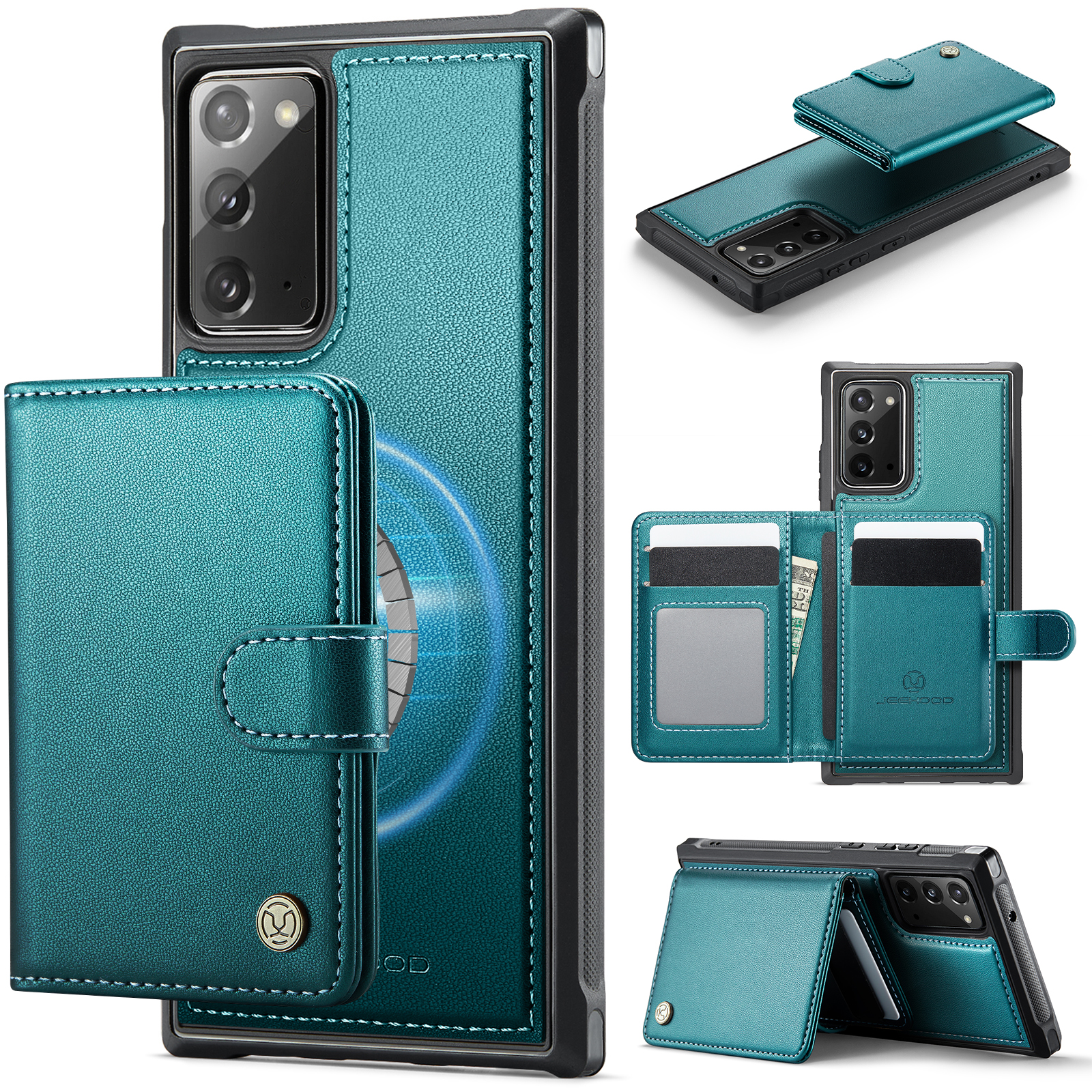 JEEHOOD For Samsung Galaxy Note20 Case  J09 RFID Blocking Card Holder Leather Back Phone Cover Magnetic Case - Green