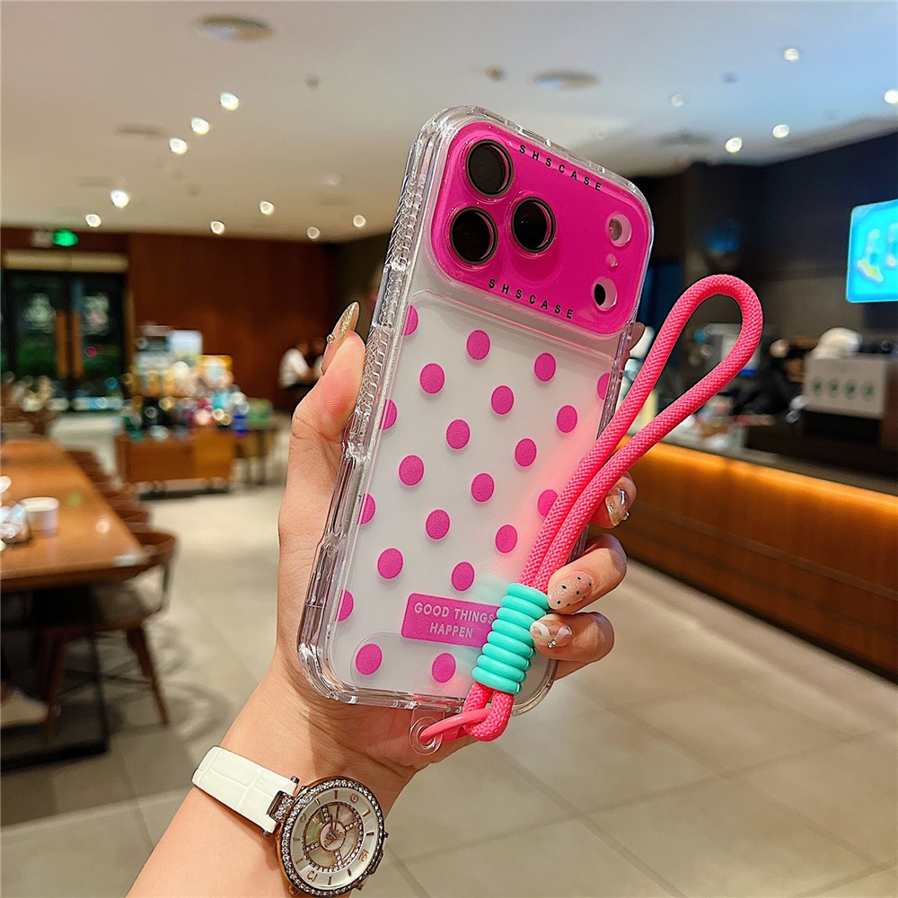 For iPhone 17 Pro Max Case Polka Dot Pattern PC + TPU Phone Cover with Lens Film  /  Strap - Rose